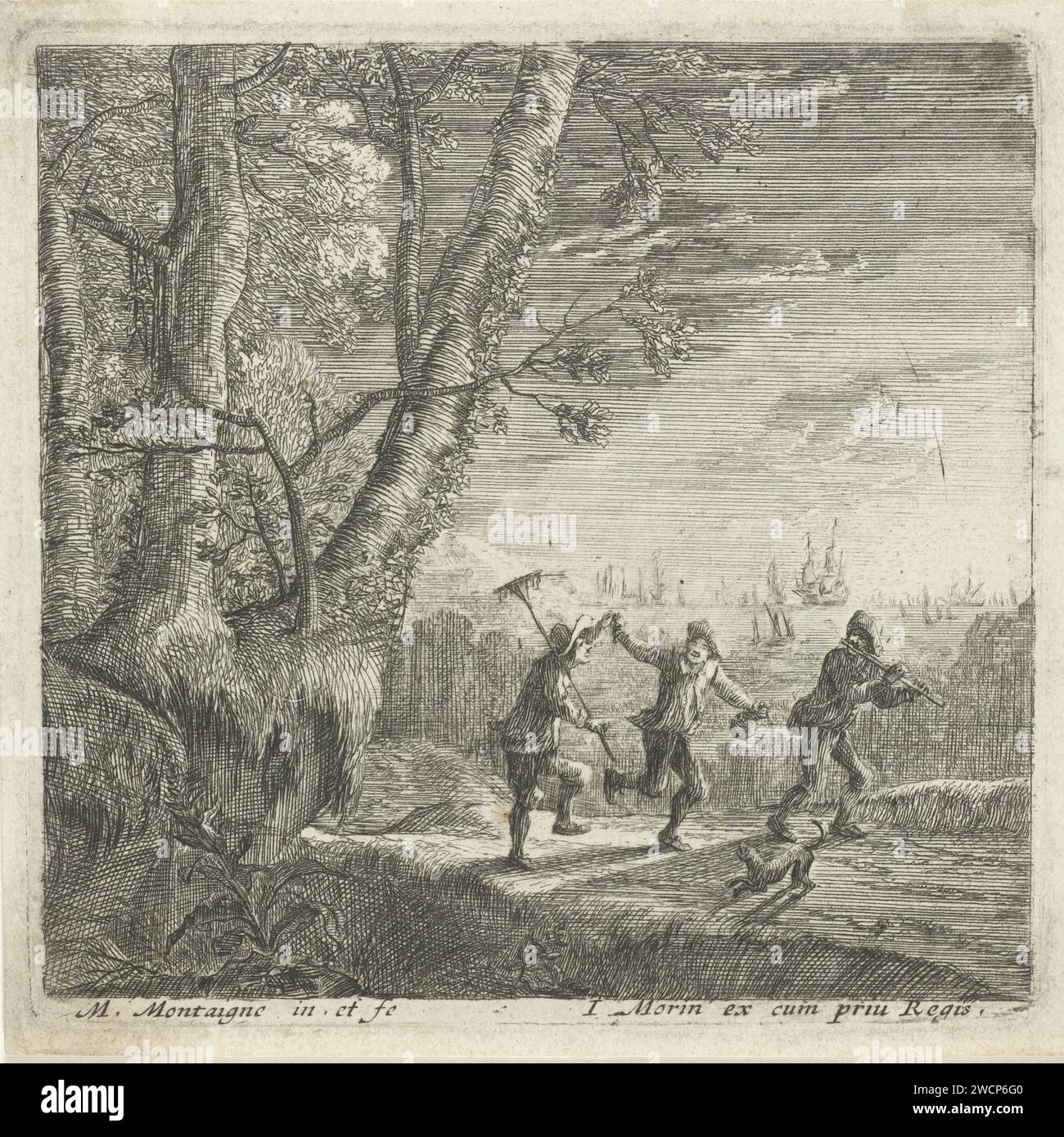 Landschaft mit drei tanzenden Bauern, Matthieu van Plattenberg, 1617 - 1660 drucken drei Bauern gehen auf einem Pfad entlang der Küste. Sie tanzen und einer spielt eine Flöte. Ein Hund für sie. Pariser Papierstich-Bauern. Tanzen. Küste Stockfoto