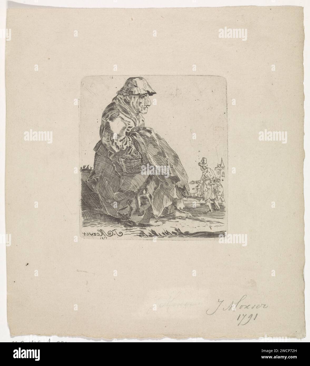 Sitzende alte Frau, J. Moxser, 1791 drucken Eine sitzende alte Frau, die Hände und einen Korb unter ihrer Vorderseite. Ein Mann im Hintergrund. Niederländisches Papier, das die hässliche alte Frau graviert Stockfoto