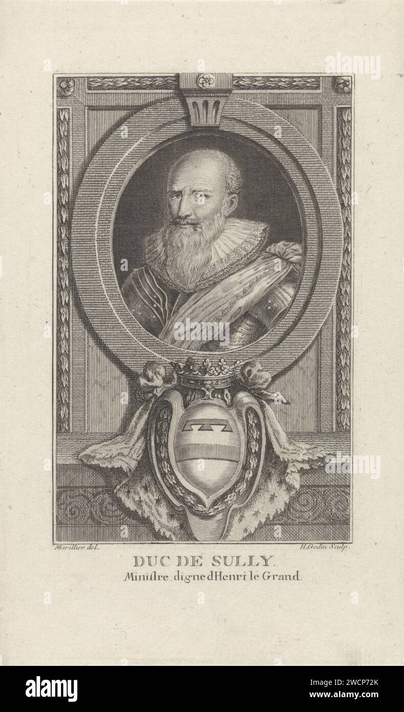 Porträt von Maximilien de Bethune, Herzog von Sully, Henri-Joseph Godin, nach Clément Pierre Marillier, 1757–1834 Print Runde Liste mit dem Porträt von Maximilien de Bethune, Herzog von Sully und Minister von Heinrich IV Büste nach links. Der Herzog trägt eine Rüstung. Unter dem Abdruck das Blazon des Bethune-Hauses. Der Druck hat eine französische Beschriftung. Verschlusspapier mit Gravur des Wappenlagers, Heraldik Stockfoto