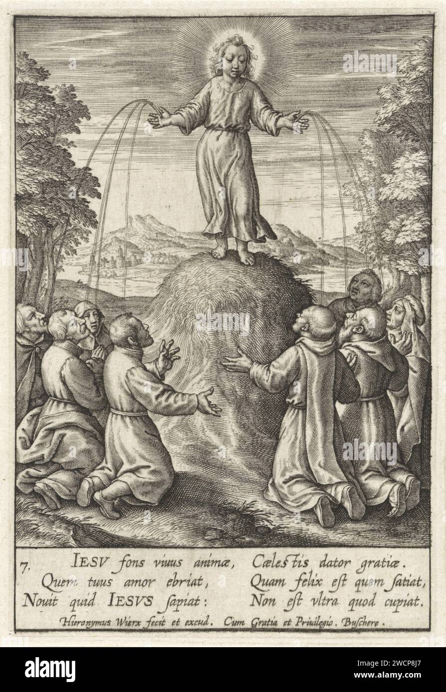 Anbetung des Christuskindes von Smekkingen, Hieronymus Wierix, 1563 - vor 1619 Druck das Christuskind steht auf einem Hügel. Er wird von zwei Gruppen von Bitten verehrt. Das Blut fließt aus den Händen des Kindes. Am Rand eine wechselseitige Beschriftung mit einer lateinischen Aufgabe. Antwerpener Papierstich Christ-Child (mit Attributen). Anfrage; 'Supplicatione' (Ripa) (+ Variante) Stockfoto