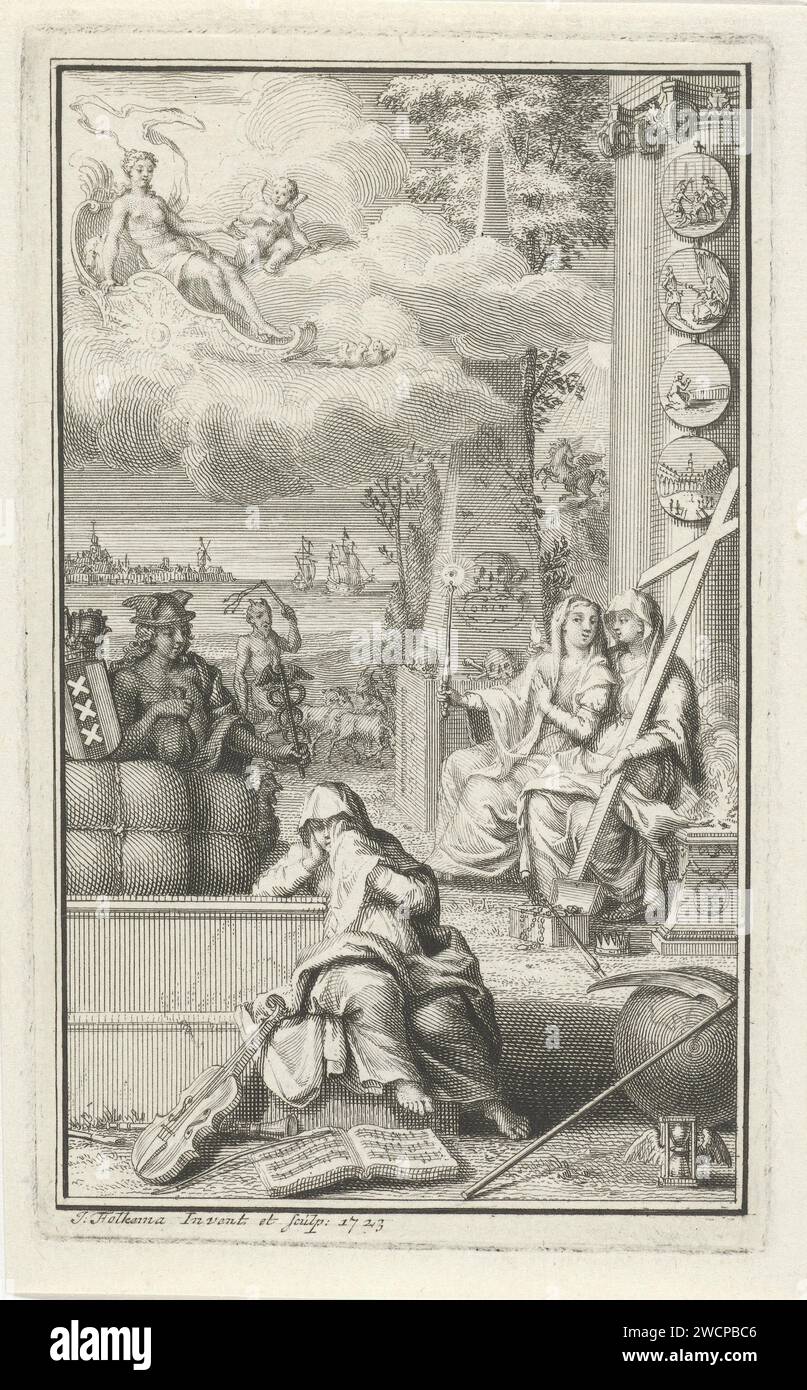 Allegorische Figuren an einem Grabdenkmal, Jacob Folkema, 1723 drucken allegorische Figuren in einem Grabdenkmal, das mit Schädeln verziert ist. Vor dem Denkmal steht der glaube mit einem Kreuz im Wappen. Eine zweite verschleierte Frau hat ein Zepter, über dem das allsehende Auge liegt. Quecksilber als Gott des Handels ist im Wapen van Amsterdam und schaut eine trauernde verschleierte Frau an. Venus sitzt auf einer Hülle in der Luft. Grabbau aus Papier, monumentales Grab. Faith, „Fides“; „Fede“, „Fede catholica“, „Fede christiana“, "Fede christiana catholica" (Ripa)  eine der drei theologischen Tugenden. (Geschichte) Quecksilber (Hermes). Stockfoto