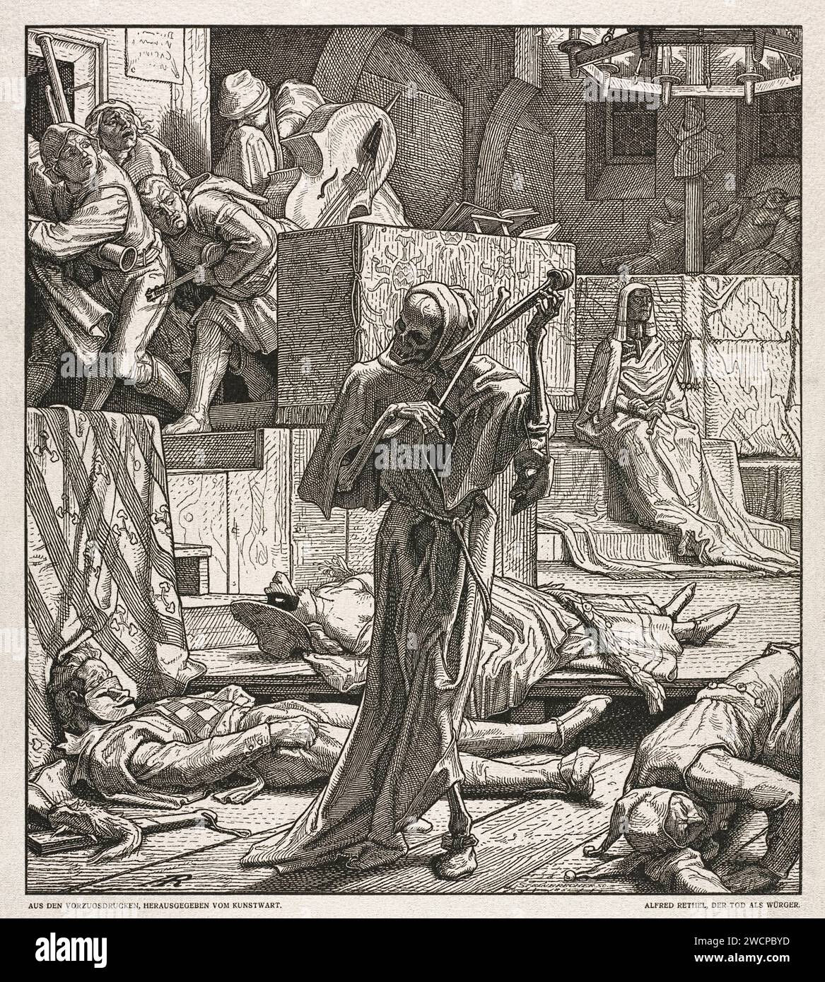 „Der Tod als Erwürger“ 1850 Holzschnitt von Alfred Rethel (1816-1859), der den Tod zeigt, der 1831 in Paris einen maskierten Ball besuchte, bei dem erstmals ein Ausbruch von Cholera auftrat. Stockfoto
