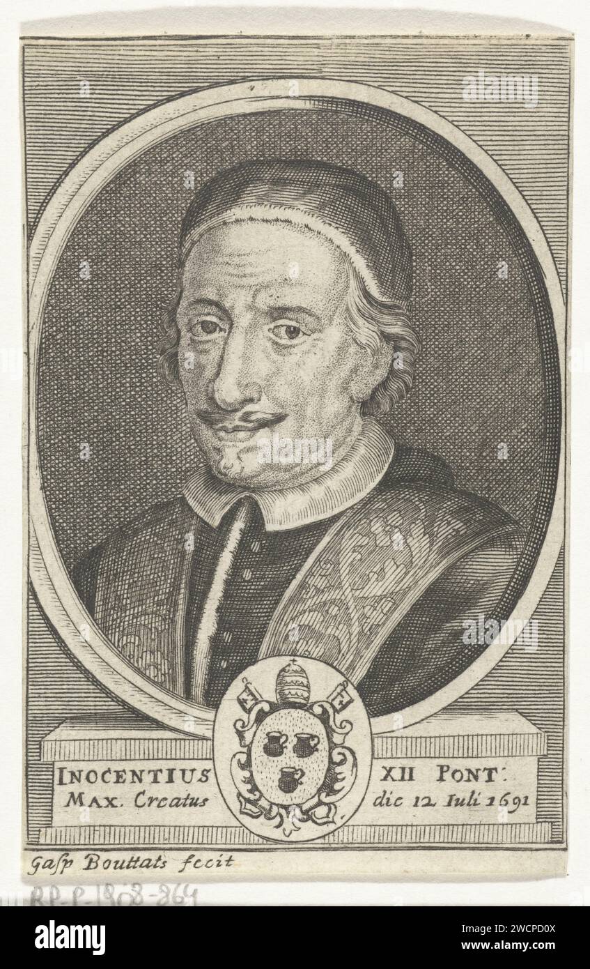 Portret van Innocentius XII., Gaspar Bouttats, 1691–1695 Druck Portrait in einer ovalen Liste von Papst Innozenz XII., Antonio Pignatelli. Büste nach links. Unter dem Porträt das Wappen des Papstes. Der Druck hat eine lateinische Beschriftung mit dem Namen der dargestellten Person. Papiergravur Stockfoto
