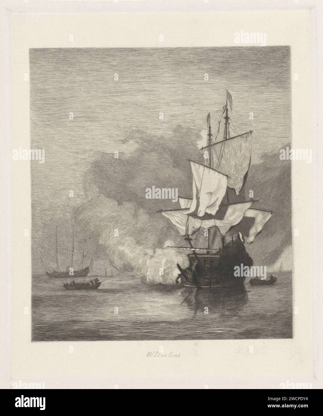 Het Kanonschot, Willem Steelink (I), nach Willem van de Velde (II), 1866–1890 drucken die Kanonenschüsse. Ein Kriegsschiff in Windstille mit schwachen Segeln löst einen Kanonenschuss auf. Zwei Slops auf beiden Seiten, ein weiteres Kriegsschiff in der Ferne, mit gebügelten Segeln. Papier. Ätzung Segelschiff, Segelboot. Kanonenschüsse (Militärsalute) Stockfoto