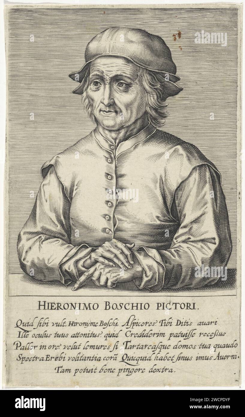 Porträt von Jheronimus Bosch, Wierix (abgelehnte Attribution), nach Cornelis Cort, nach Jheronimus Bosch, 1610 Druck Porträt des Malers Jheronimus Bosch. Am Rand eine Beschriftung mit neun -RAW, in drei Spalten, in lateinischer Sprache. Papiergravurporträt, Selbstporträt des Malers Stockfoto Porträt von Jheronimus Bosch, Wierix (abgelehnte Attribution), nach Cornelis Cort, nach Jheronimus Bosch, 1610 Druck Porträt des Malers Jheronimus Bosch. Am Rand eine Beschriftung mit neun -RAW, in drei Spalten, in lateinischer Sprache. Papiergravurporträt, Selbstporträt des Malers Stockfoto
