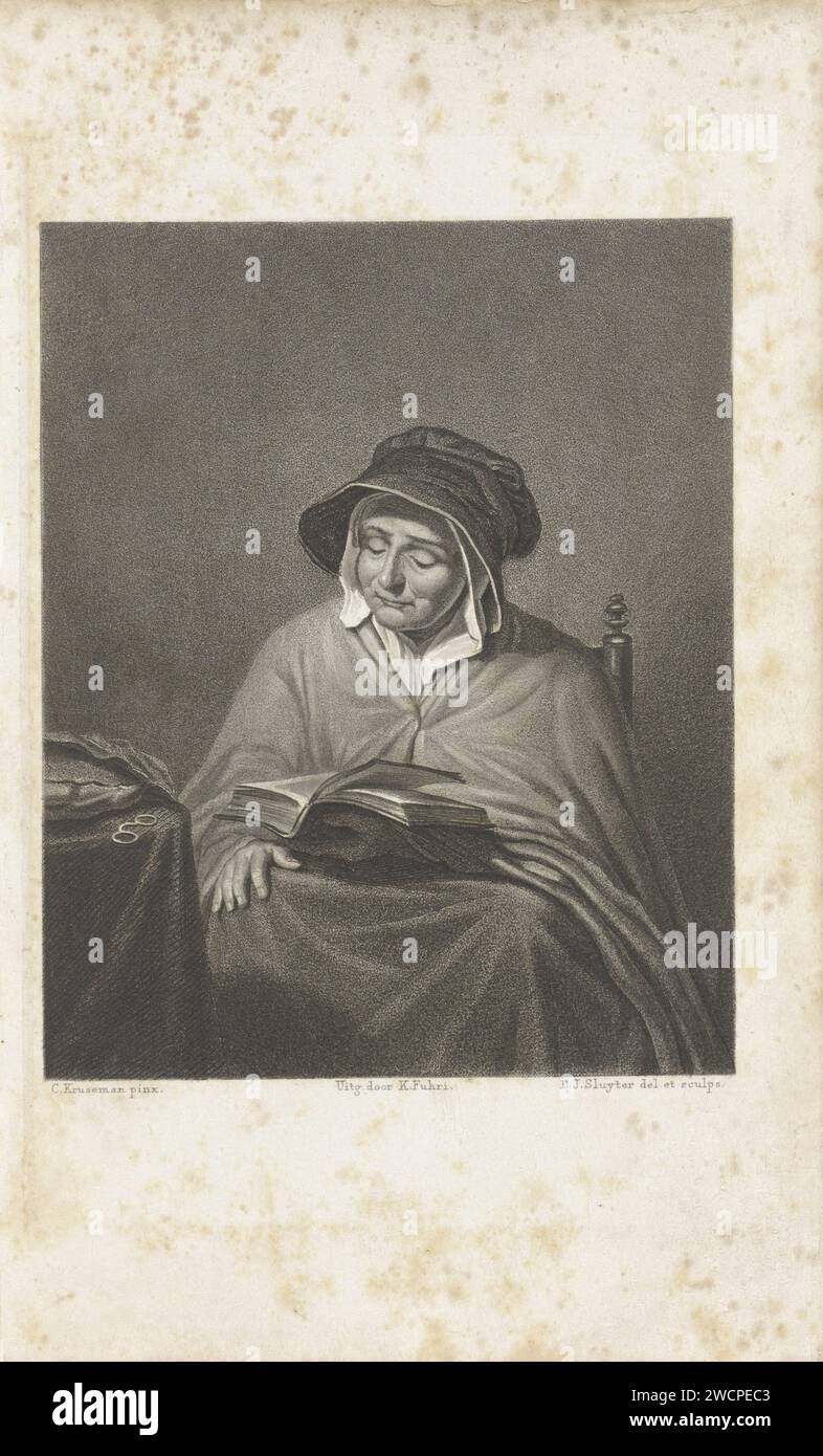Alte Frau mit Buch, Dirk Jurriaan Sluyter, nach Cornelis Kruseman, drucken 1848 eine ältere Frau mit Hut liest in einem Buch auf ihrem Schoß. Ihre Brille liegt auf dem Tisch neben ihr. Druckerei: Amsterdampublisher: Das HagueAfter Zeichnung von: Amsterdam Papier ätzend Lesen der Bibel oder andere religiöse Bücher. Brillen, Brillen - AA - weibliche menschliche Figur. Kopfbedeckung: Kappe (+ Damenbekleidung) Stockfoto