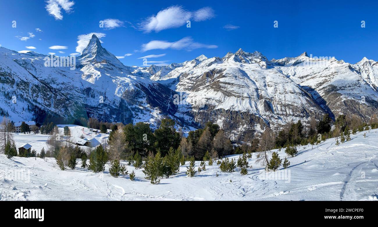 Wintergebirgslandschaft, die Alpen in der Schweiz. Stockfoto