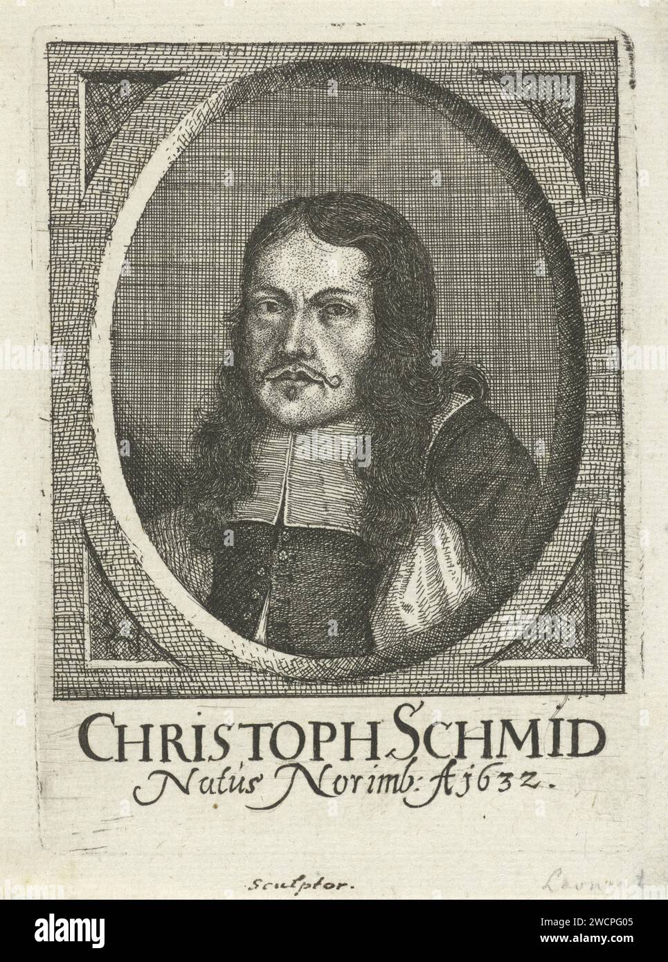 Porträt van Christopher Schmid, Johann Friedrich Leonard, 1643 - 1680 Druck Porträt von Christopher Schmid, Bildhauer in Nürnberg. Papiergravur Stockfoto