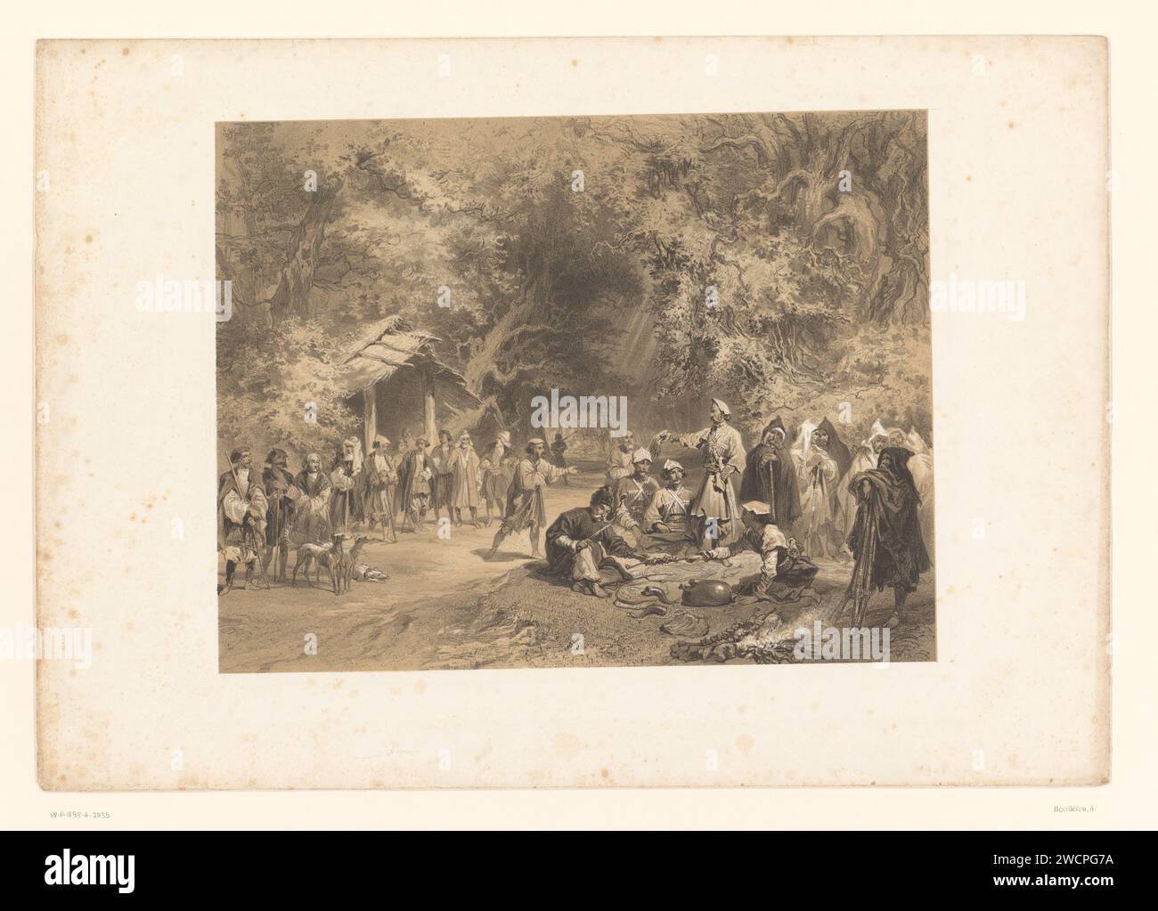 Rast während der Jagd im Wald in Mingrelia, Adolphe Mouilleron, nach Grigory Gagarin (Prins), 1847 - 1855 Papier Papier Waldweg oder Weg. Braten, Grillen. Ruhezustand - BB - außerhalb der Türen. Jagen, Georgien jagen Stockfoto