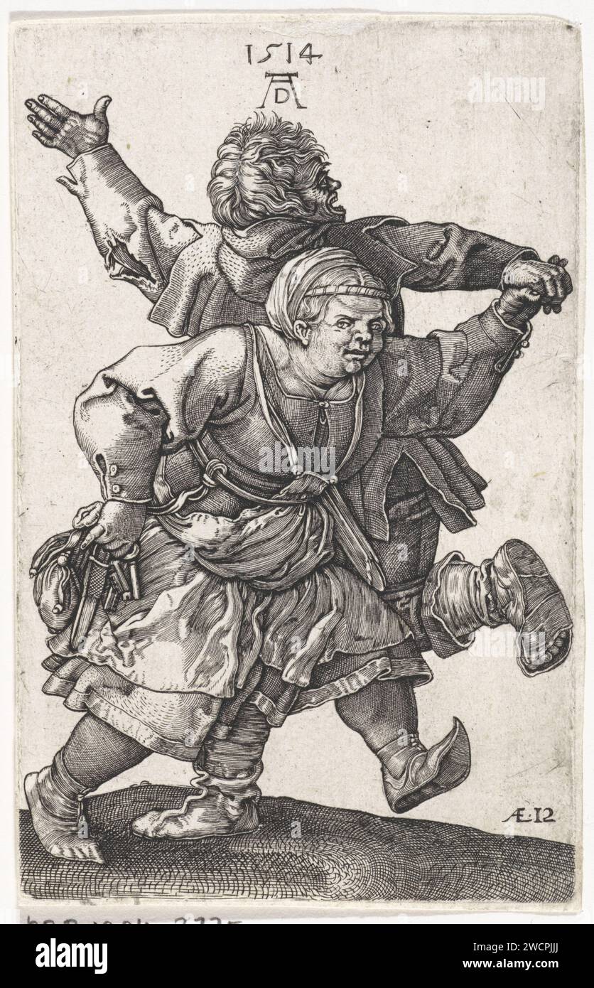 Tanzendes Boerpaar, Hieronymus Wierix (zugeschrieben), nach Albrecht Dürer, 1559 – vor 1619 drucken Ein Bauer und eine Bauerfrau Hand in Hand. Unten rechts mit 'æ12' signiert. Über ihren Köpfen das Monogramm von Albrecht Dürer und die Datierung seines Abdruckes. Antwerpener Papiergravurbauern. Ein Paar tanzt, Mann und Frau tanzt als Paar Stockfoto