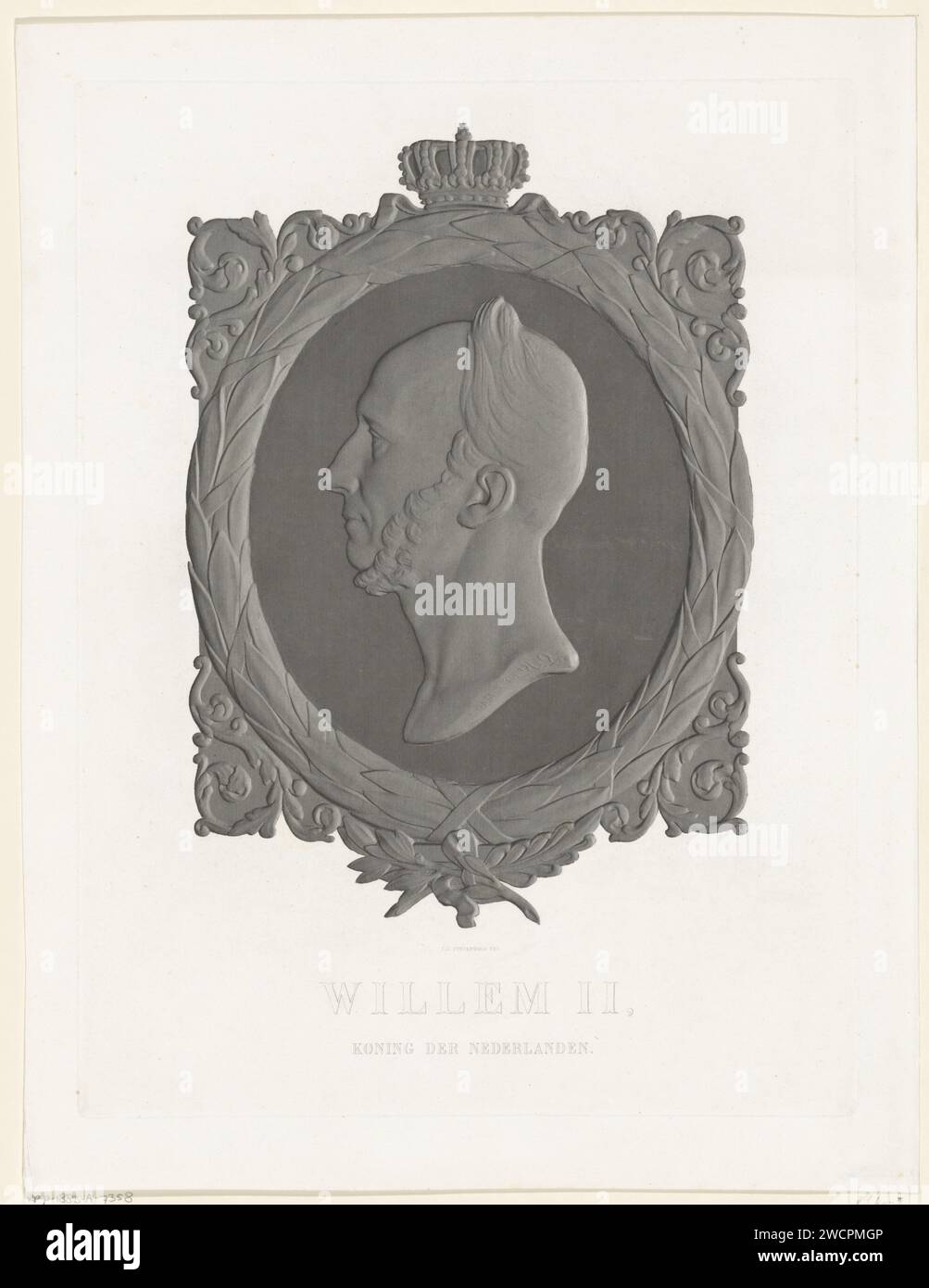 Büste van Willem II., König der Niederlande, Jan Dam Steuerwald, nach Louis Royer, 1840–1863 Druckbüste van Willem II. Von Louis Royer in einem ornamentierten Oval von Lauwerbladen. In der Mitte einer Krone. Sein Name und sein Titel sind am unteren Rand. Die Haager Papierstahlstich-Skulptur, Reproduktion einer Skulptur Stockfoto