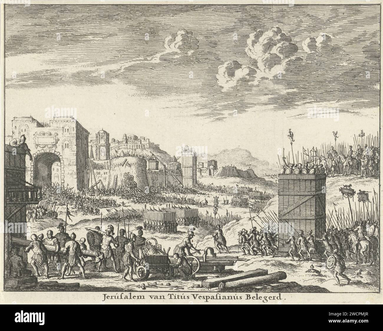 Jerusalem belagert von Titus (Variante A), Jan Luyken, 1682 Druck Amsterdam Papier Radiking in Stadt oder Festung  Belagerung Jerusalem Stockfoto