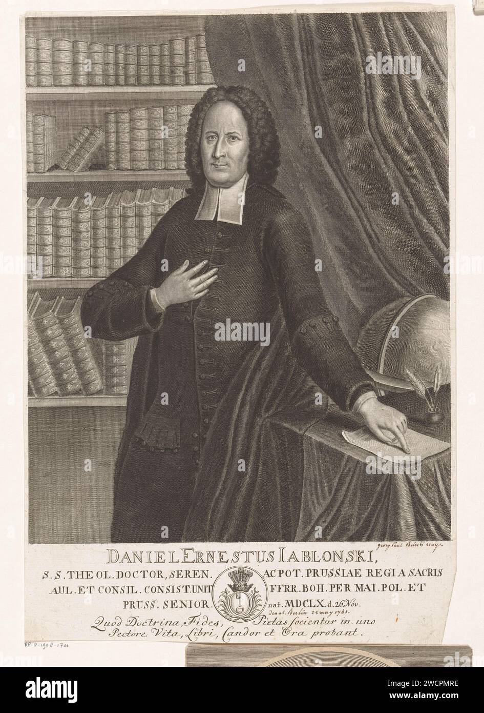 Portrated Van Daniel Ernst Jablonski, Georg Paul Busch, nach Leygebe, nach Antoine Pesne, um 1716 - 1741 Druck Berliner Papierstich historischer Personen. Waffenlager, Heraldik. Bücherregale. Tintenfach. Globus Stockfoto