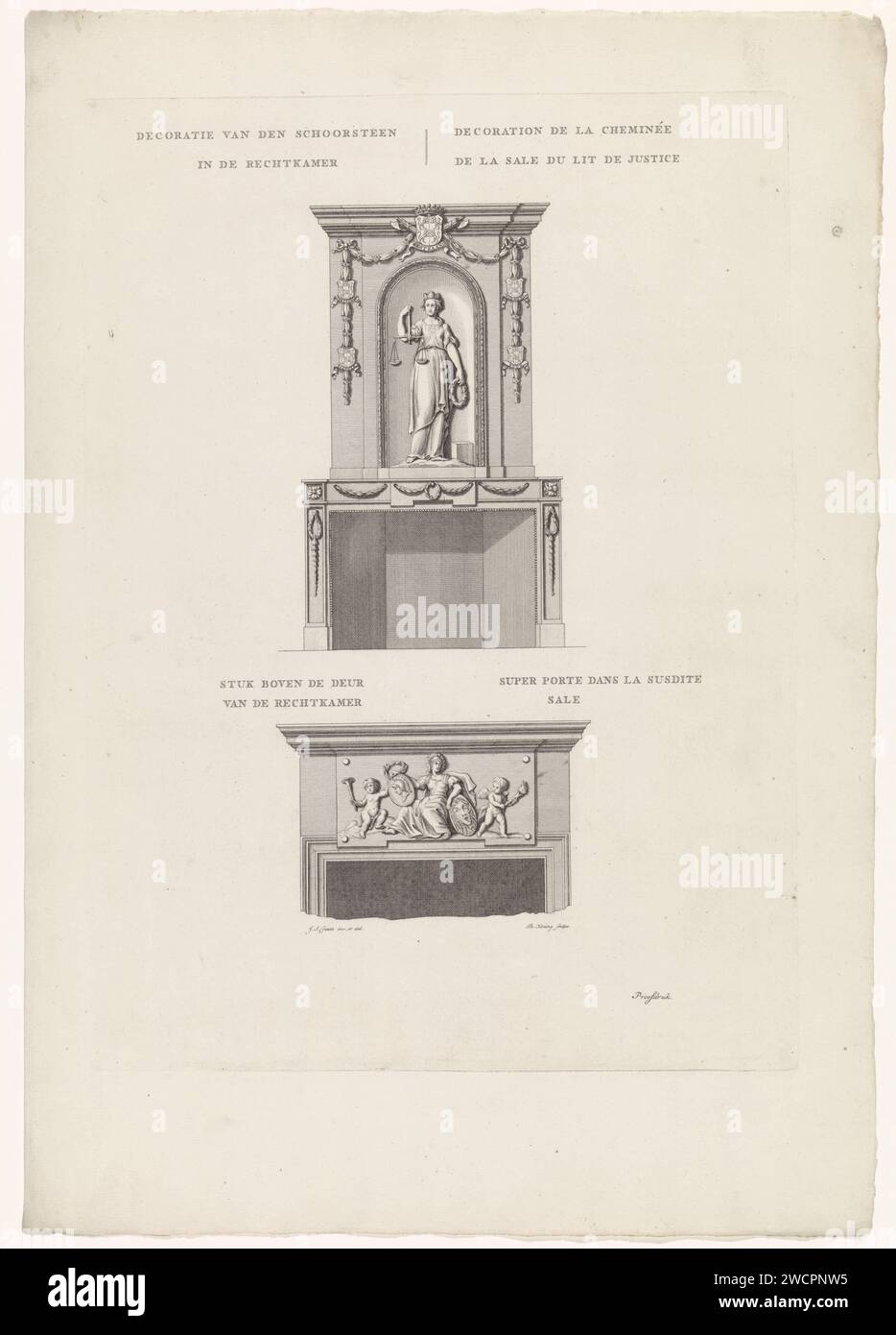 Blatt mit zwei Dekorationen aus dem rechten Raum, Theodoor Koning, nach J.S. Creutz, 1782 Druck oben: Dekorierter Kamin mit einer Nische, in der eine Personifikation der Gerechtigkeit mit einer Stadtkrone auf dem Kopf steht. Die Waffen von Zaandijk, Westzaand, Westzaan, Wormerv hängen um die Jungfrau. Und Koog. Unten: Ein Türstück mit einer Allegorie in Weisheit. Der Druck ist Teil einer Serie mit zehn Bildern vom Hof in Westzaan. Amsterdamer Papierätzsymbole und Allegorien der Jurisprudenz. Weisheit; 'Sapienza', 'Sapienza humana', 'Sapienza vera' (Ripa). Schornsteinstück, Kaminstück Westzaan Stockfoto