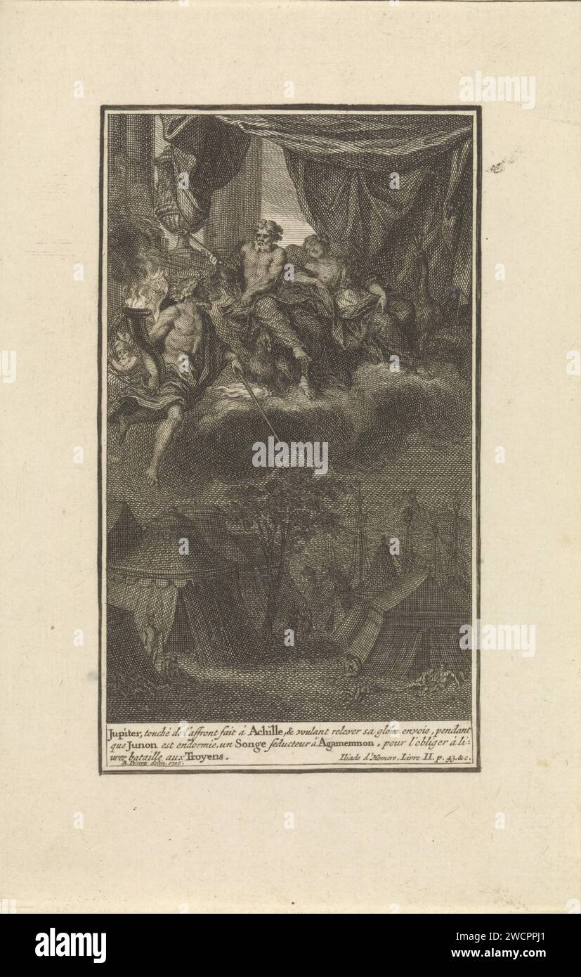 De Droom van Agamemnon, Bernard Picart (Werkstatt), nach Bernard Picart, 1710 Druck Jupiter verführt Agamemnon, den Kommandeur der griechischen Truppen, in einem Traum, die Trojanen erneut zu bekämpfen. Am Rand eine Beschriftung auf Französisch. Amsterdamer Papier graviert den Traum von Agamemnon: Morpheus in Form von Nestor drängt ihn zum Angriff (+ Variante) Stockfoto