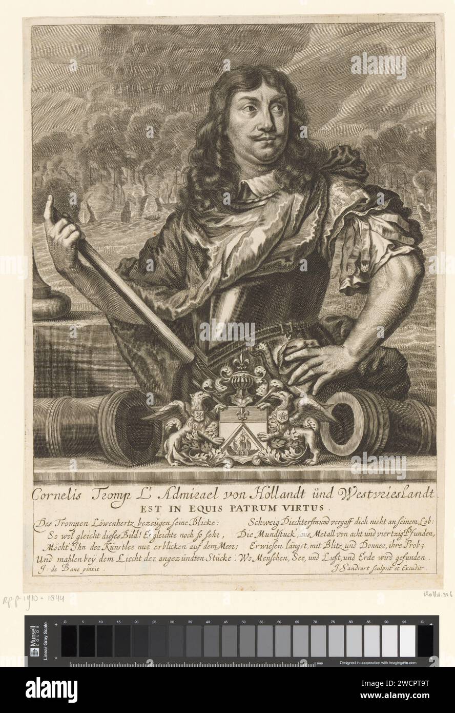 Portret Van Cornelis Trump, Jakob von Sandrart, nach Jan de Baen, 1640 - 1708 Druckpapier mit Gravur historischer Personen. oberbefehlshaber, Admiral. navy (+ während der Schlacht). Waffenlager, Heraldik Stockfoto