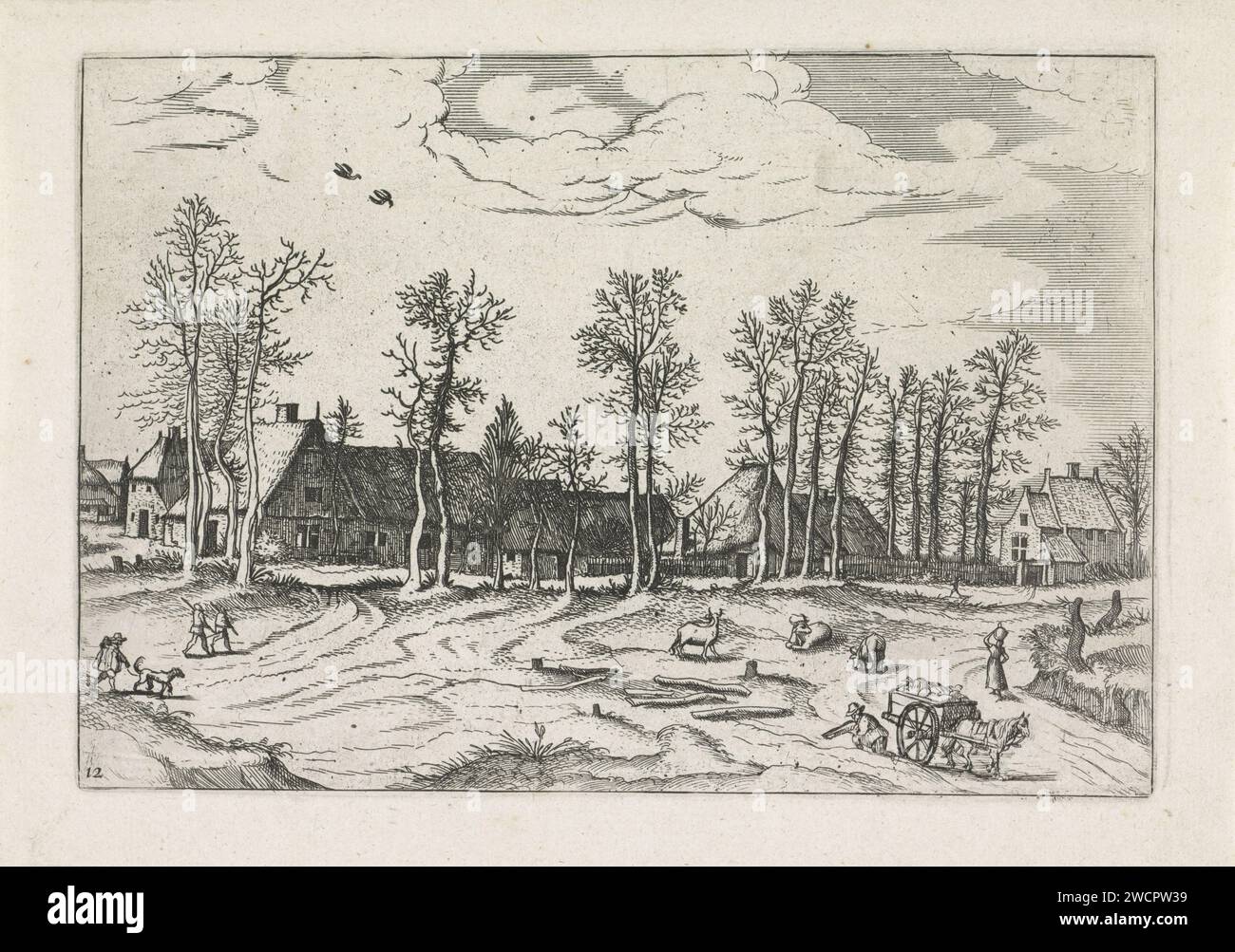 Landschaft mit Bauernhöfen, Rindern und Menschen, Johannes oder Lucas van Doetechum, nach Meister der kleinen Landschaften, 1610 - vor 1676 Druck Landschaft mit Bauernhöfen. Im Vordergrund Menschen und Rinder. Antwerpener Papierätzdorf Stockfoto