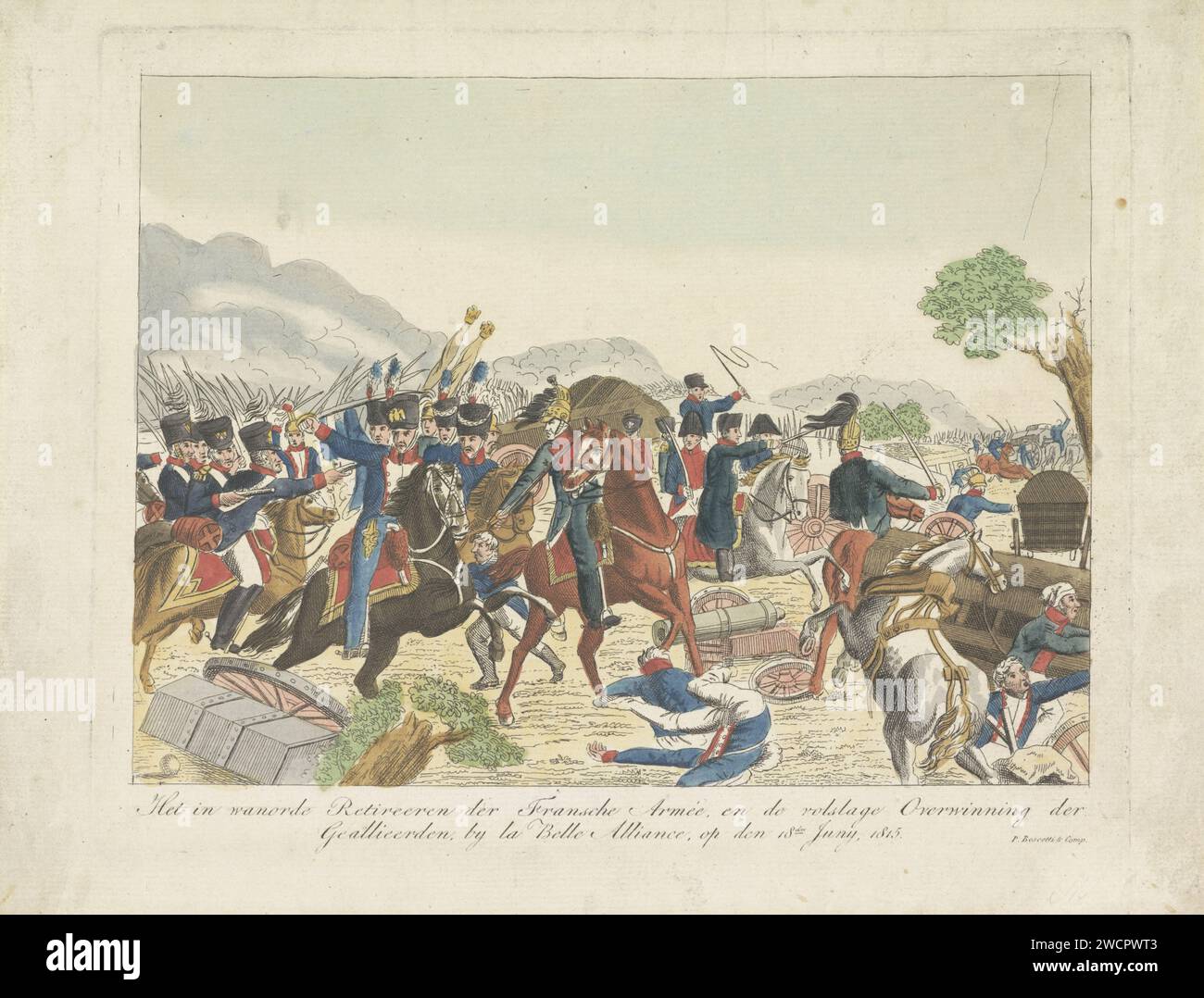 Raise of the French Army, 1815, Anonym, 1815 Print der chaotische Rückzug der französischen Armee nach dem Sieg der Alliierten in der Schlacht von Waterloo am 18. Juni 1815. Napoleon flüchtet vorne rechts und fährt mit seinen Adjutanten. Niederlande Papierätzkampf (+ Landstreitkräfte). Den Feind dazu bringen, Waterloo zu fliegen Stockfoto