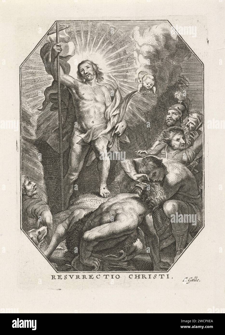 Auferstehung Christi, Cornelis Galle (I), 1586–1650 Print Christ is Rising from the Grave. Er trägt einen Palmenzweig und ein Kreuz mit einem Banner in der Hand. Licht scheint aus seinem Kopf. Die Soldaten, die das Grab bewachen, scheuen sich vor dem Licht zurück. Letzter Druck aus einer Serie von 13, mit Aufführungen aus der leidenden Geschichte Christi. Aus dem Grab erhebt sich Papier mit Christus, der normalerweise ein Banner hält; oft kombiniert mit schlafenden und/oder verängstigten Soldaten Stockfoto Auferstehung Christi, Cornelis Galle (I), 1586–1650 Print Christ is Rising from the Grave. Er trägt einen Palmenzweig und ein Kreuz mit einem Banner in der Hand. Licht scheint aus seinem Kopf. Die Soldaten, die das Grab bewachen, scheuen sich vor dem Licht zurück. Letzter Druck aus einer Serie von 13, mit Aufführungen aus der leidenden Geschichte Christi. Aus dem Grab erhebt sich Papier mit Christus, der normalerweise ein Banner hält; oft kombiniert mit schlafenden und/oder verängstigten Soldaten Stockfoto