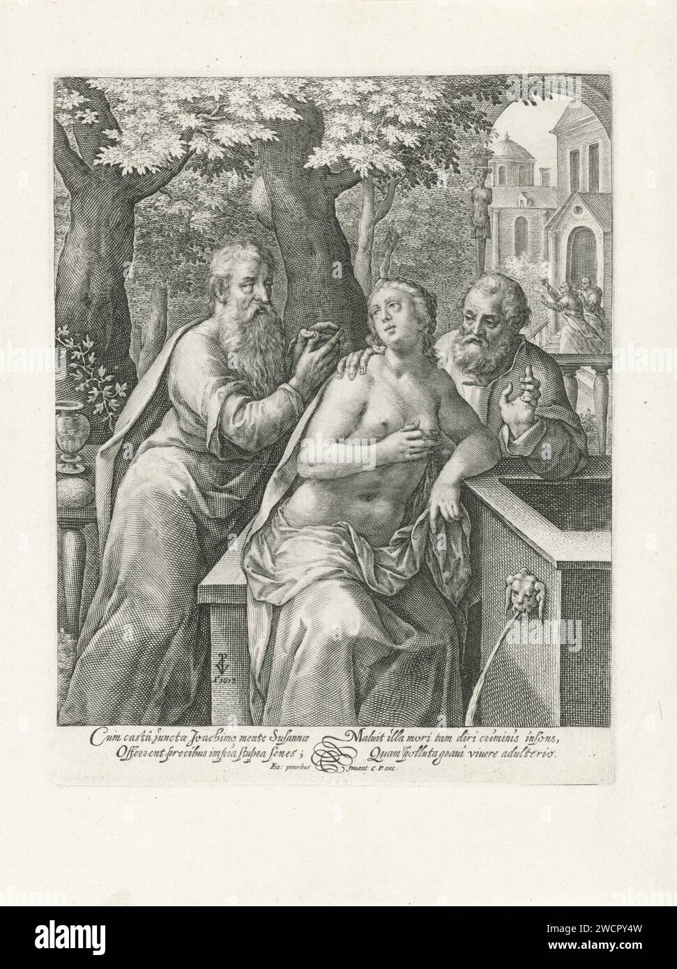 Susanna und die Ältesten, Crispijn van de Passe (I), nach Frans Pourbus (II), 1574–1637 drucken Susanna wird beim Baden von zwei Ältesten berührt. Sie versucht, sie abzuwehren. Am Rand eine zweiseitige Beschriftung in lateinischer Sprache. Antwerpener Papier, in dem die Ältesten auf Susanna zusteuern Stockfoto