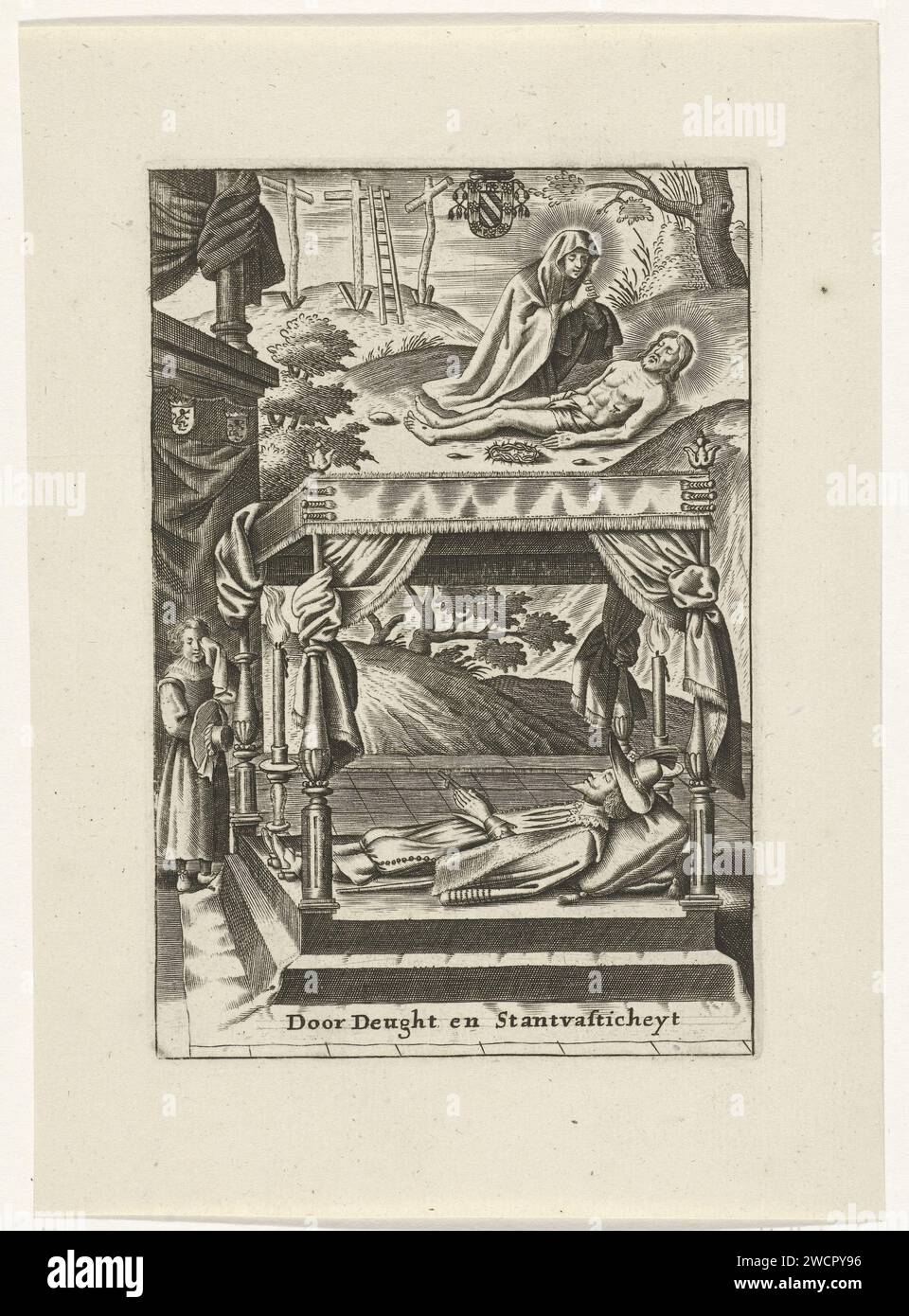 Maria durch den Leichnam Christi und einen gezüchteten Höfling, Aegidius van Schoor, nach Nicolaas van der Horst, 1630 im Vordergrund ein toter Höfling, auf einem Himmelbett angelegt, und eine weinende Frau. Über dieser Maria trauert um den Leichnam Christi. Oben links die drei leeren Kreuze. Mitten im Wappen eines Kanons. Der Ausdruck enthält eine Beschriftung in Niederländisch. Druck aus einer Buchausgabe, in der eine Szene aus dem Leben Christi immer mit einer weltlichen Situation konfrontiert ist. Antwerpener Papierstich / Gravur des toten Christus, der zu Marias Füßen liegt. Das leere Kreuz(e). Im Zustand liegen Stockfoto