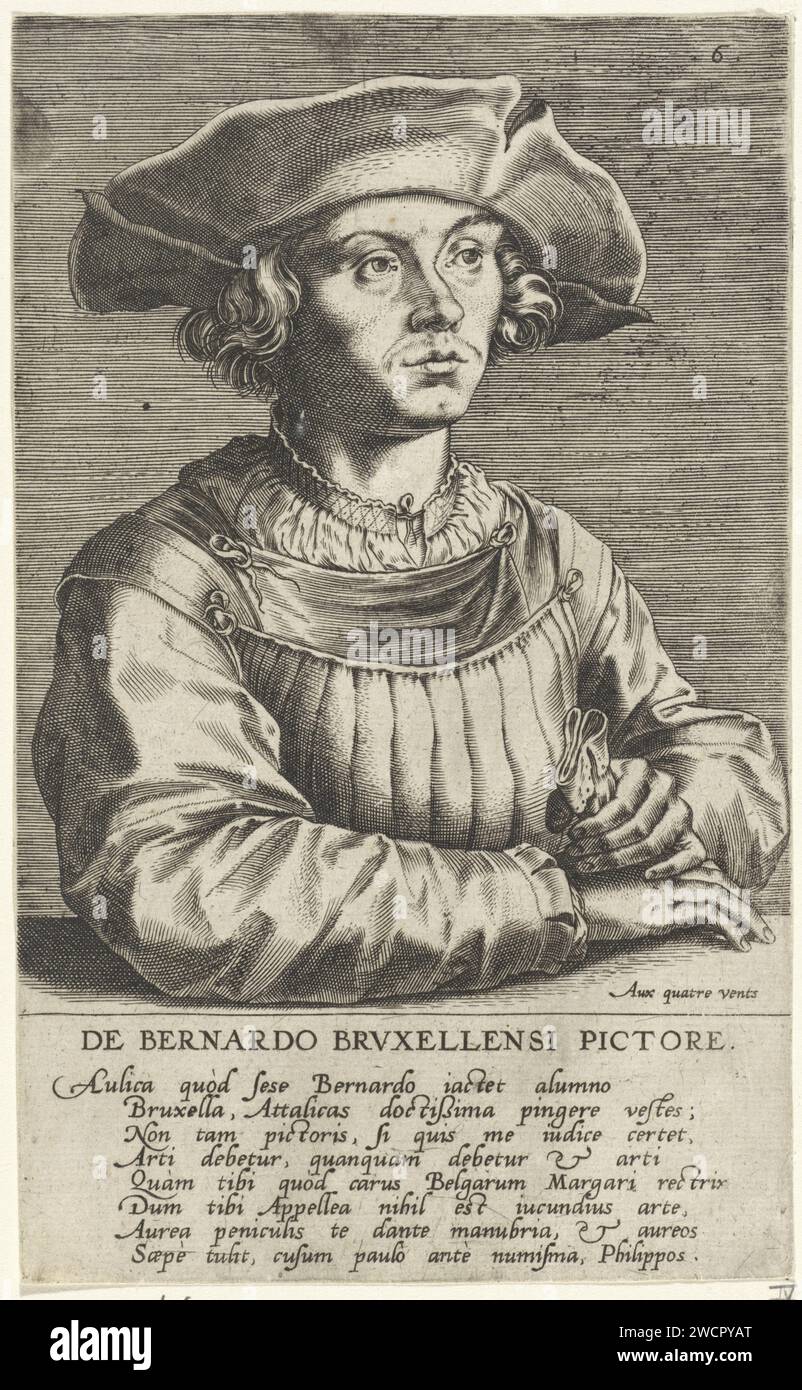Porträt des Malers Bernard van Orley, Wierix (abgelehnte Attribution), nach Albrecht Dürer, 1572 druckte am Rand eine achtzeilige Unterschrift in lateinischer Sprache. Antwerpener Papierstich Porträt, Selbstporträt des Malers Stockfoto Porträt des Malers Bernard van Orley, Wierix (abgelehnte Attribution), nach Albrecht Dürer, 1572 druckte am Rand eine achtzeilige Unterschrift in lateinischer Sprache. Antwerpener Papierstich Porträt, Selbstporträt des Malers Stockfoto