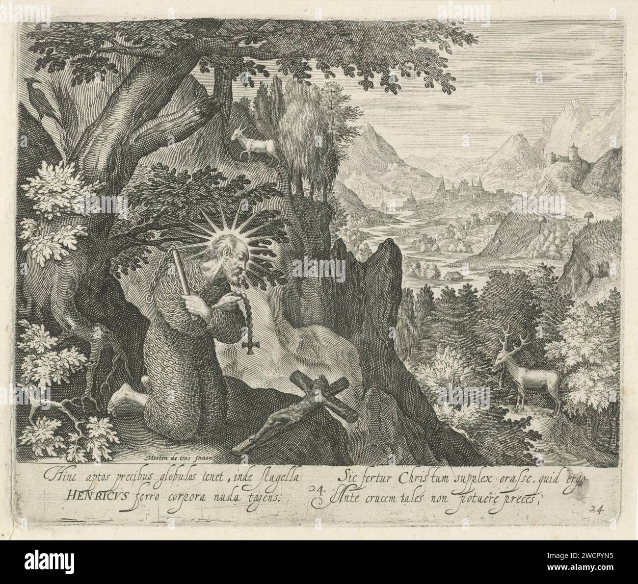 H. Henricus als Märtyrer, Jan van Londerseel, nach Maerten de Vos, 1580–1625 Druck in einer Berglandschaft, kniete der Heilige Henricus, mit Ketten verwundet und mit Gesel und Rosenkranz in der Hand, um ein Kruzifix. Am Rand eine Beschriftung in lateinischer Sprache. Papiergravur männliche Heilige (mit NAMEN) - Martyrium, Leiden, Unglück, Tod männlicher heiliger. Berge. Kruzifix  persönliche Hingabe Stockfoto