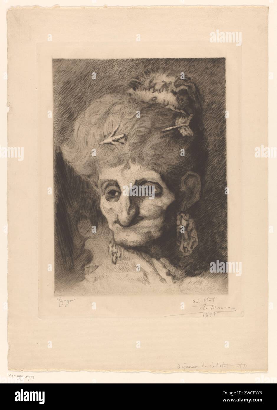Kopf einer alten Frau mit einem Pfeil im Haar, Auguste Danse, nach Francisco de Goya, 1893 Druckpapierätzung / Trockenspitze hässliche alte Frau, Hagd Stockfoto