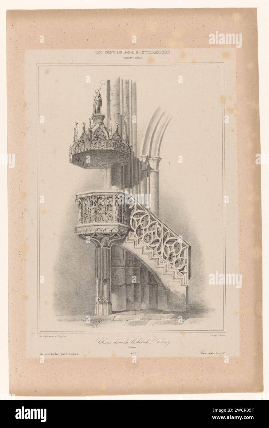 Kanzel in der Kathedrale von Freiburg in der Schweiz, John Bachmann, nach Louis-Joseph Isnard Desjardins, 1837 Druck Paris Papier. Kanzel, Ambo, Kanzel Freiburg Stockfoto