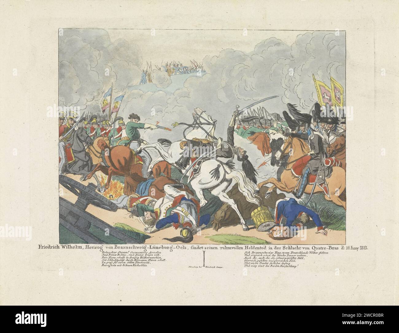 Die von Frederik Willem van Brunswijk, 1815, Anonym, 1815 die Sterbung von Frederik Willem, Hertog von Brunswijk-Lüneburg-Oels während der Schlacht von Quatre-Bras, 16. Juni 1815. In der Bildunterschrift zwei sechszeilige Verse auf Deutsch. Druckerei: Deutscher Verlag: Neurenberger Papierätzkampf (+ Landstreitkräfte). Gewalttätiger Tod, getötet werden; misshandelt und misshandelt werden; Tod suchen (+ Tod während des Krieges) achtzig-weiß Stockfoto