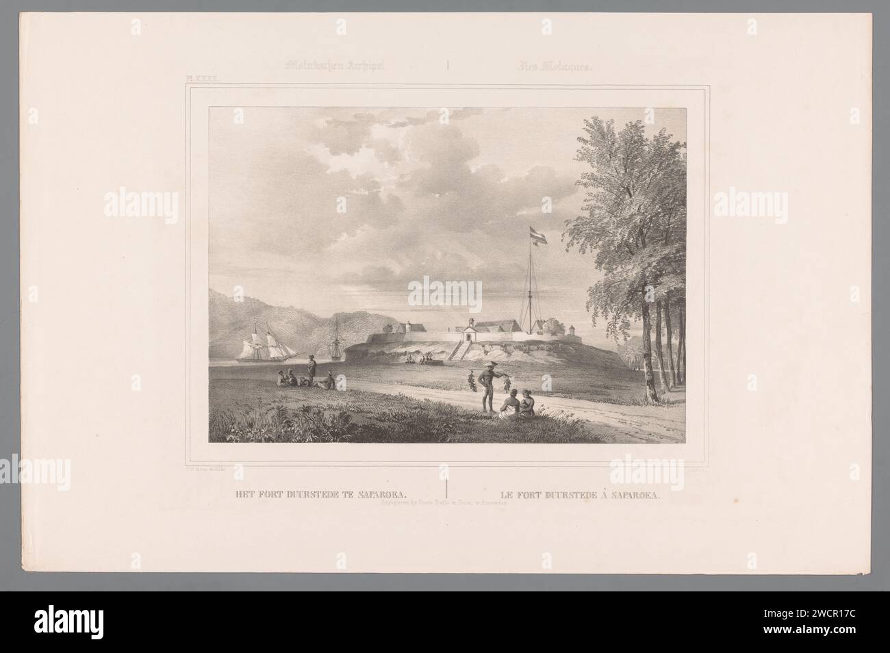 Blick auf Fort Duurstede in Saparua, Paulus Lauters, nach Charles William Meredith van de Velde, ca. 1847 Druck oben links: pl.xxxii. Amsterdamer Papierfestung. Fahnenmast Molukken. Saparua Stockfoto