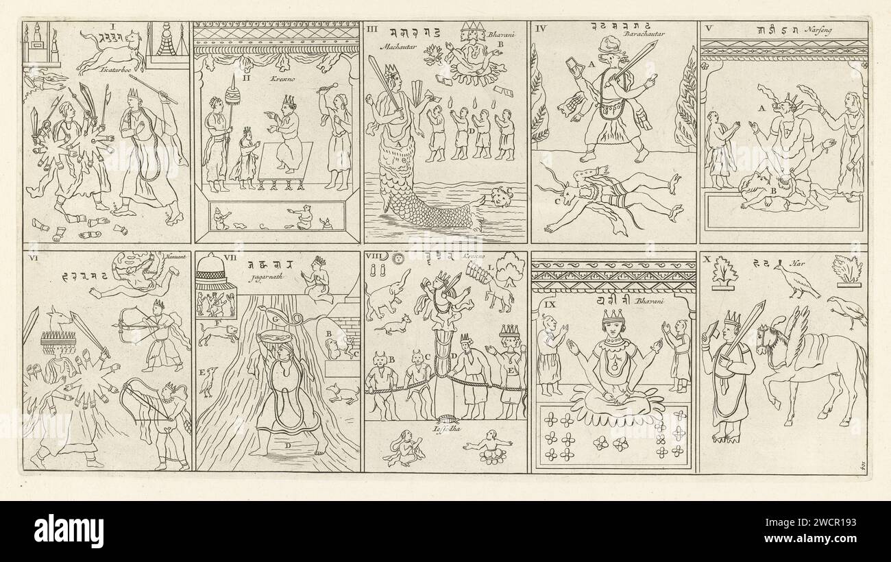 Zehn Inkarnationen des indischen Gottes Vishnu, Bernard Picart (Werkstatt), 1723 gedrucktes Blatt mit schematischen Darstellungen der zehn Inkarnationen des indischen Gottes Vishnu. Rama (der König), Vamana (der Zwerg), Matsya (der Fisch), Varaha (das Wildschwein), Narasimha (de man-Leeuw), Parasurama (der Riese und Krieger), Krishna (der blaue Gott), Koerma (die Schildkröte), Buddha und Kalki (der Reiter auf dem weißen Pferd). Die Aufführungen sind mit I-X nummeriert und haben eine Inschrift in Hindi und Französisch. Unten rechts nummeriert: 104. Amsterdam Papierätzung / Gravur Konzepte und Ideen visualisieren Stockfoto