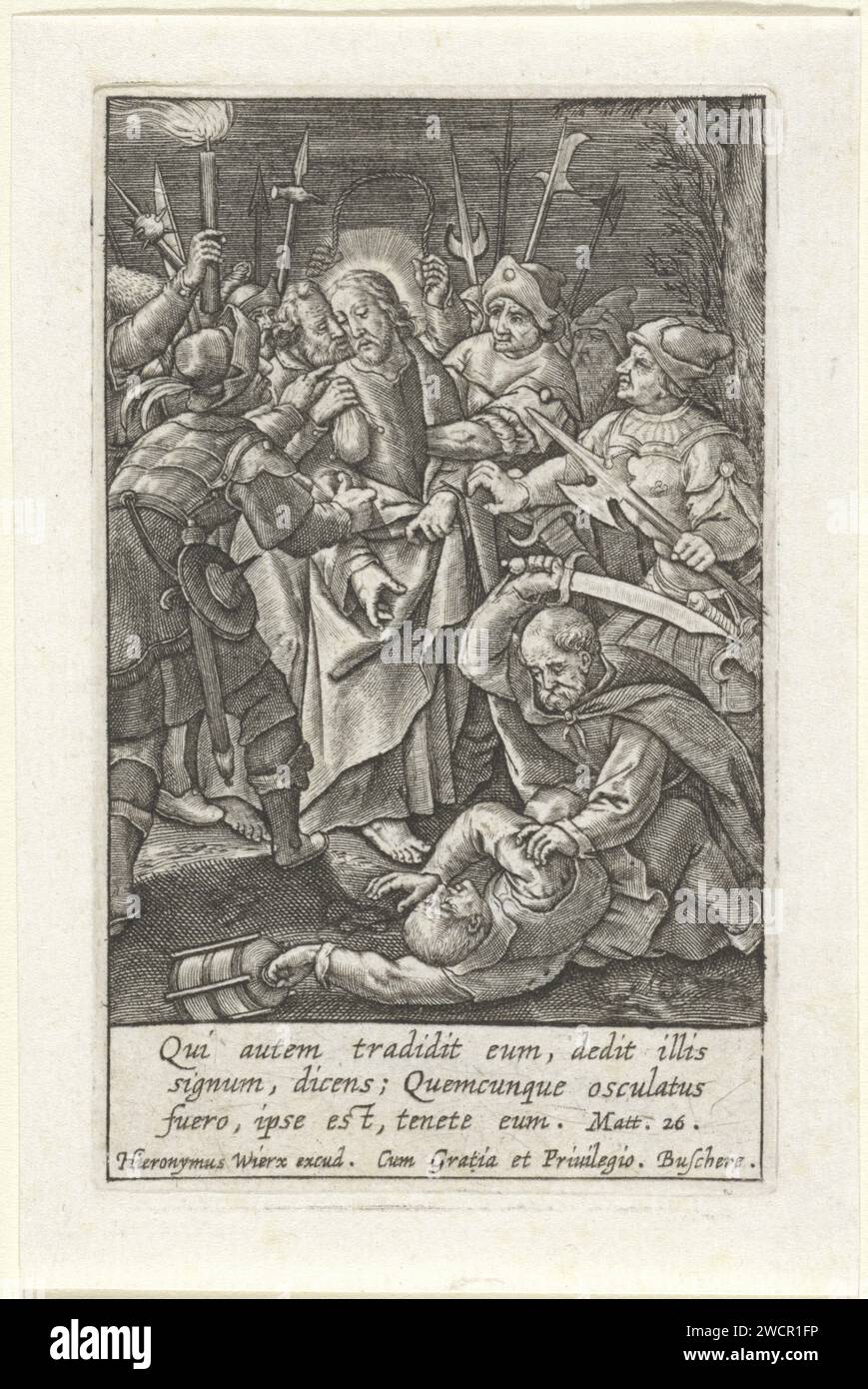 Judaskus und Verhaftung Christi, Hieronymus Wierix, 1563 - vor 1619 Druck Judas küsst Christus auf die Wange. Die Soldaten umzingeln ihn und verhaften ihn. Peter ist dabei, Malchus das Ohr abzuschneiden. Am Rand ein dreiteiliges Bibelzitat von Mat. 26 in lateinischer Sprache. Antwerpener Papier mit dem Gravur des Judas: Begleitet von Soldaten mit Fackeln und Laternen küsst er Christus. Peter zieht sein Schwert und schneidet Malchus das Ohr ab Stockfoto