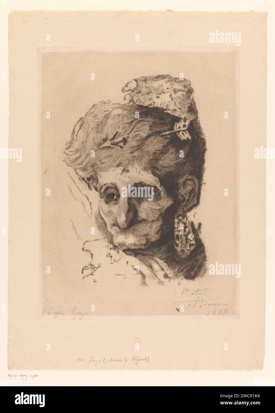 Kopf einer alten Frau mit einem Pfeil im Haar, Auguste Danse, nach Francisco de Goya, 1889 Druckpapierätzung / Trockenspitze hässliche alte Frau, Hagd Stockfoto