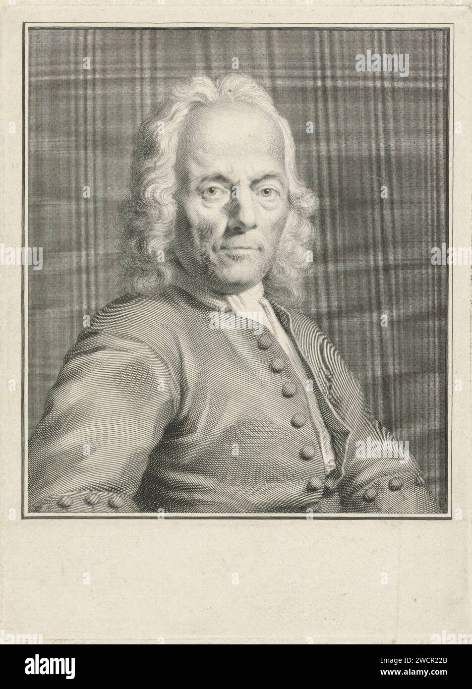 Porträt von Simon Eikelenberg, Jacob Houbraken, nach Cornelis Pronk, 1738–1780 Druck Porträt in der Hälfte rechts von Simon Eikelenberg. Amsterdamer Papierstich Stockfoto