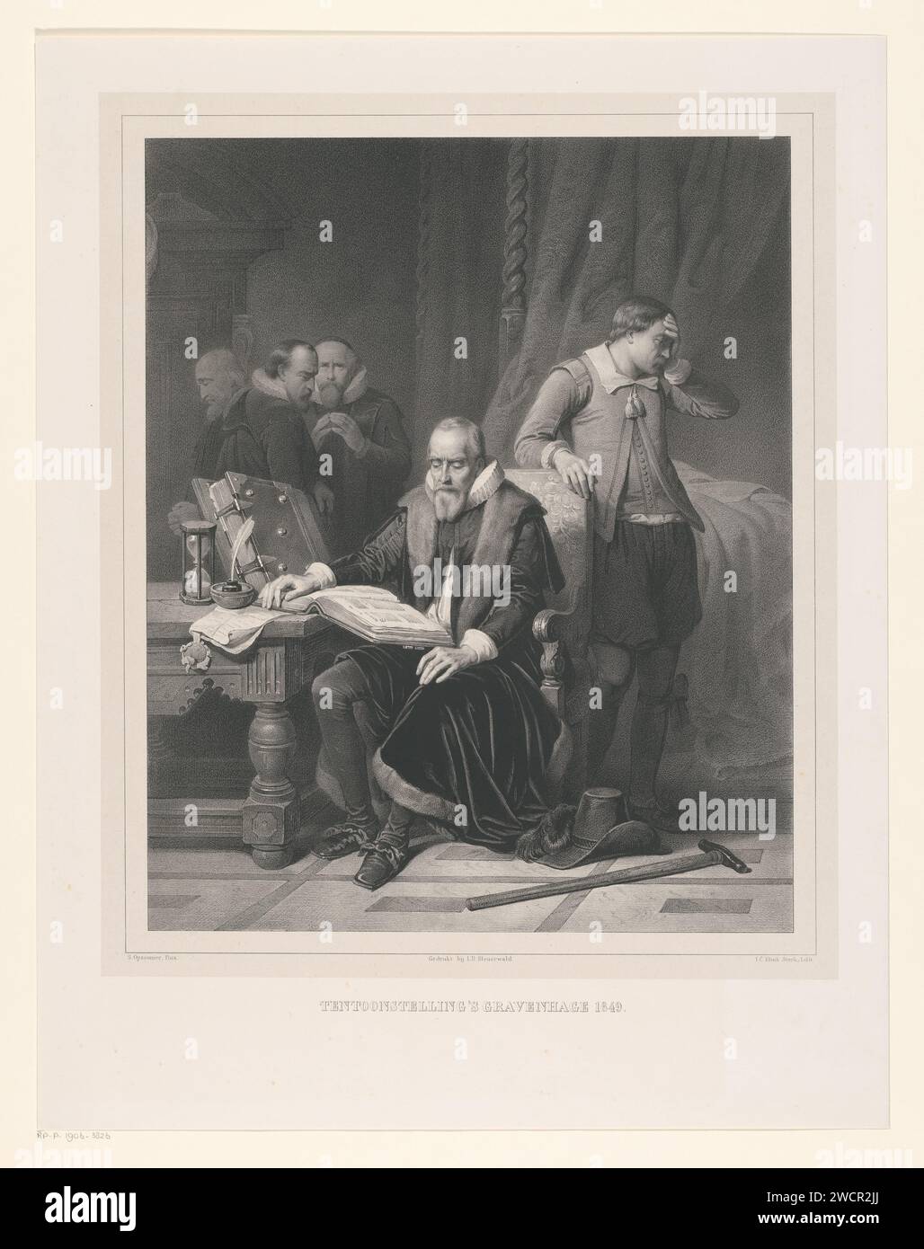 Oldenbarnevelt in der Nacht vor seiner Hinrichtung im Gefängnis, Isaac Cornelis eLink Sterink, nach Simon Opzoomer, 1849 Druck Johan van Oldenbarnevelt in der Nacht vor seiner Hinrichtung, 12. Mai 1619. Er liest in der Bibel auf seinem Stuhl, hinter ihm steht sein Diener Jan Francken mit wechselndem Gesicht. Im Hintergrund die Pastoren Walaeus und Beyer. Das Haager Papier. Letzte Stunden vor Ausführung Stockfoto