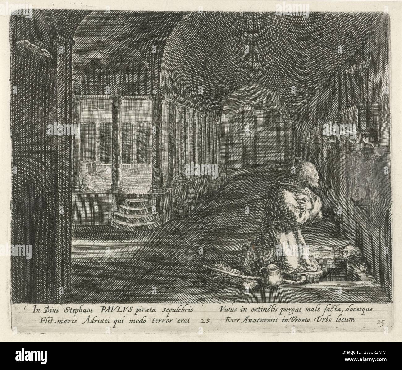 H. Paulus als Einsiedler, Jan van Londerseel, nach Maerten de Vos, 1580–1625 Abdruck in einem Kreuzgang, kniete Paulus als Einsiedler für ein Kruzifix. Neben ihm sind ein Krug, ein Wanderstock und ein Brot. Am Rand eine Beschriftung in lateinischer Sprache. Papiergravur / Pinsel männliche Heilige (mit NAMEN). anchorit, Einsiedler. Kreuzgang  Kloster. Meditation über Schädel und/oder Kruzifix Stockfoto