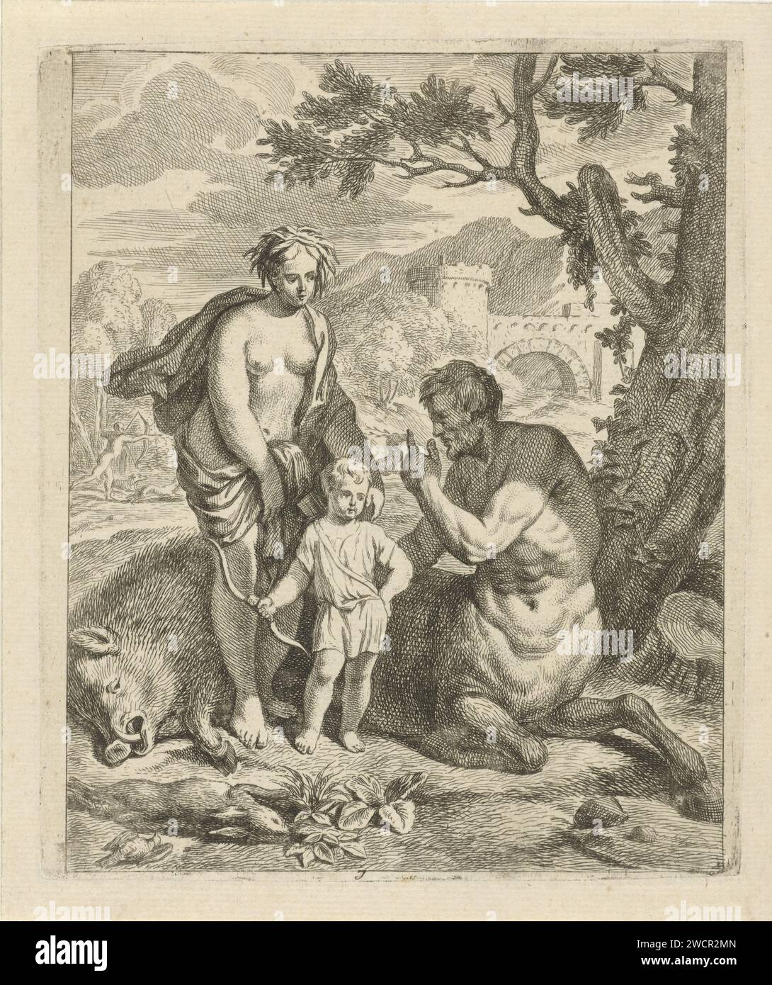 Achilles gelehrt von Chiron, J. Alexander Janssens, nach Victor Honoré Janssens, ca. 1700 Druck Landschaft mit Thetis und die jungen Achilles mit Bogen und Bogen, die von Chiron gelehrt wird. Links ein Wildschwein, Hase und Vogel, bezogen auf die Lektionen in der Jagd. Im Hintergrund ein Mann mit Pfeil und Bogen auf einem Hirsch. In der Mitte: 7. Siebter Druck aus einer Serie von 14 mit Szenen aus dem Leben des Achilles. Südlich der Niederlande Papiergravur/Ätzung Thetis übergibt Achilles an Chiron, den Zentauren. Nicht-aggressive, freundliche oder neutrale Aktivitäten und Beziehungen von Chiron Stockfoto