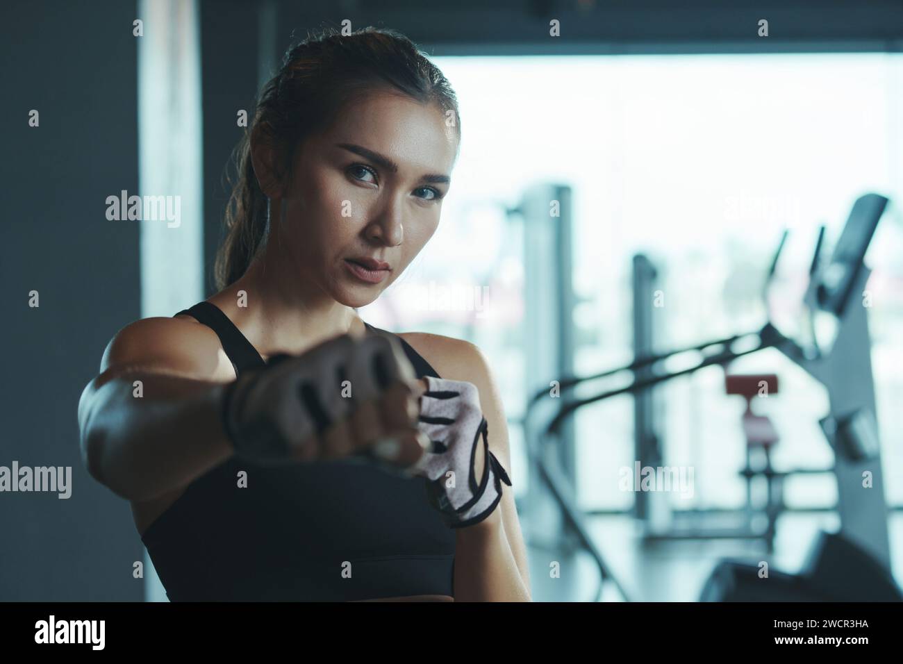 Sportliche Frau mit Boxhandschuhen posiert in Kampfposition und blickt in die Kamera. Stockfoto