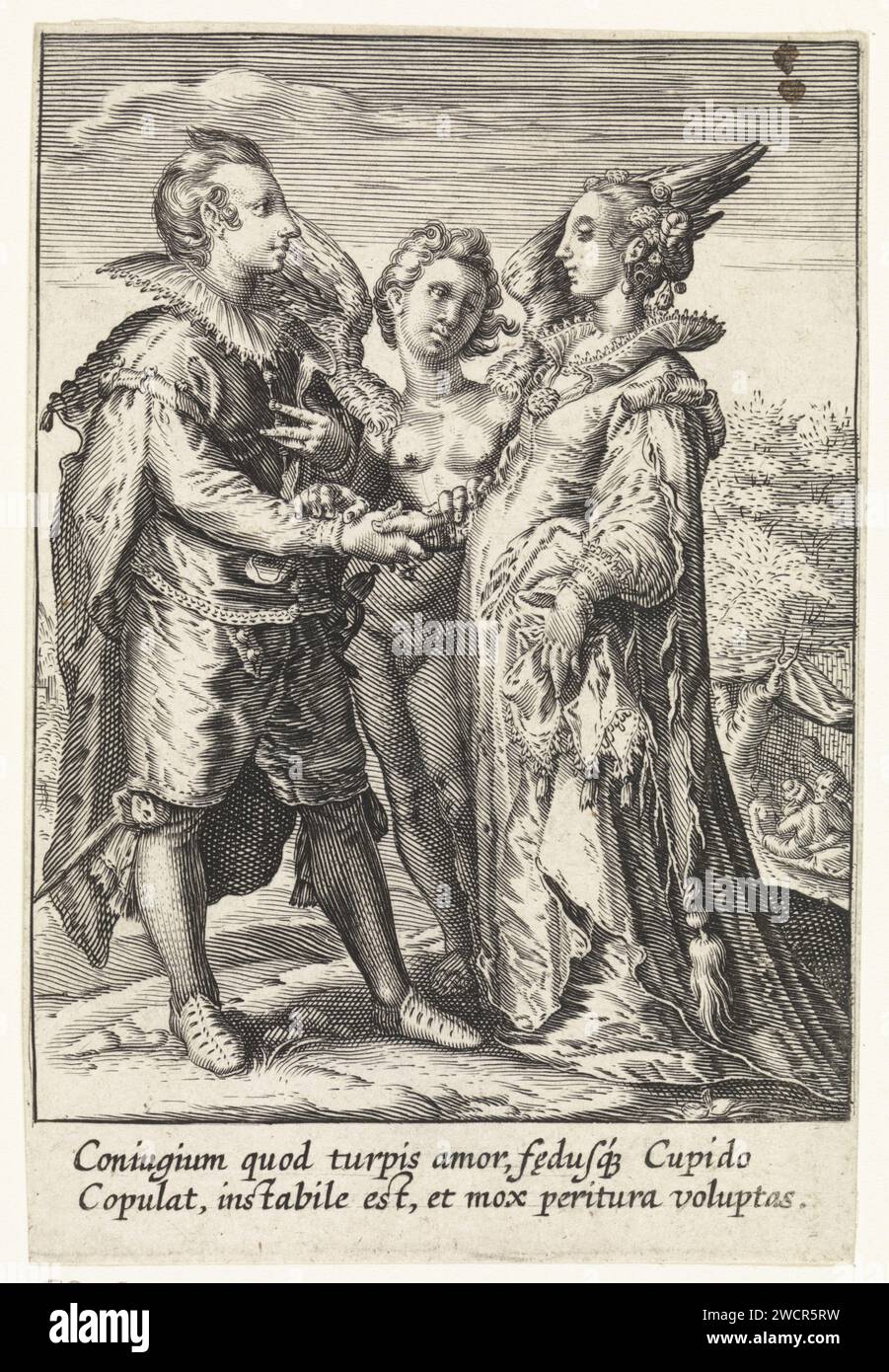 Ehe aus Sinnlichkeit geschlossen von Amor, Anonym, nach Jan Saenredam, nach Hendrick Goltzius, 1575–1657 Druck Amor verbindet einen Mann und eine Frau, die die weltliche Liebe als Paar symbolisiert, im wirklichen Leben. Nördliche Niederlande Papierstich (Geschichte von) Cupid, Amor (Eros). (Zivile) Trauungen. (Personifizierungen und symbolische Darstellungen) Qualitäten der Liebe Stockfoto