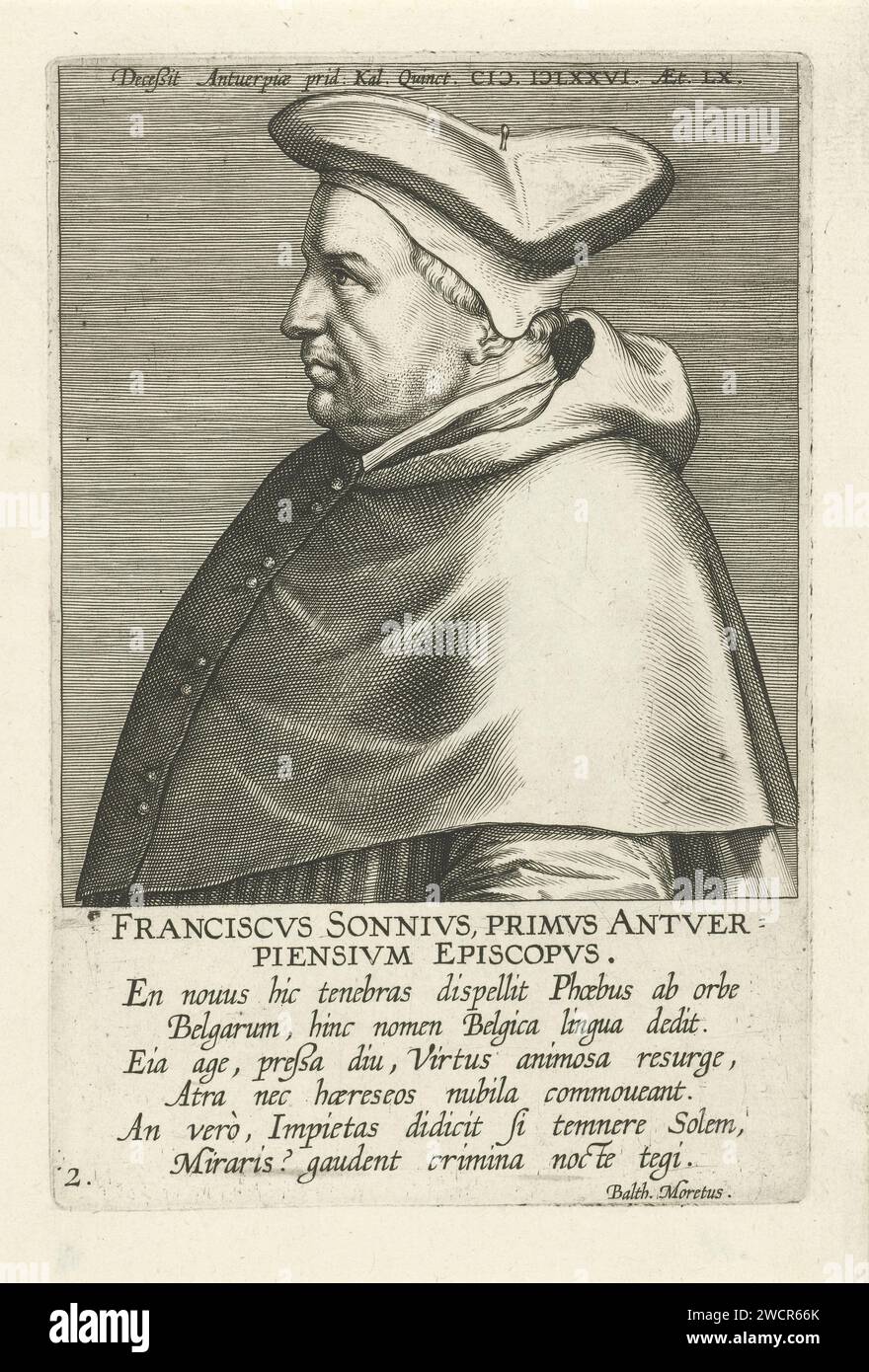 Portret van Fransiscus Sonnius, Philips Galle (zugeschrieben zur Werkstatt), nach Frans Pourbus (I), 1604 Druck Porträt von Fransiscus Sonnius, erster Bischof von Antwerpen. In Zeugnis links. Der Druck ist mit einem lateinischen Oberteil und einer lateinischen Beschriftung versehen und ist Teil einer Reihe berühmter niederländischer und flämischer Gelehrter. Antwerpener Papiergravur Stockfoto