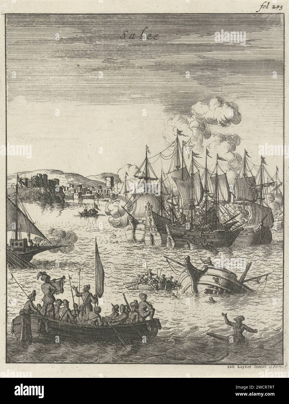 Seeschlacht vor der Küste von Salee, Marokko, Jan Luyken, 1684 Print oben rechts markiert: Fol. 203. Amsterdamer Papierätzkampf (+ Segelschiffe) schmutzig Stockfoto