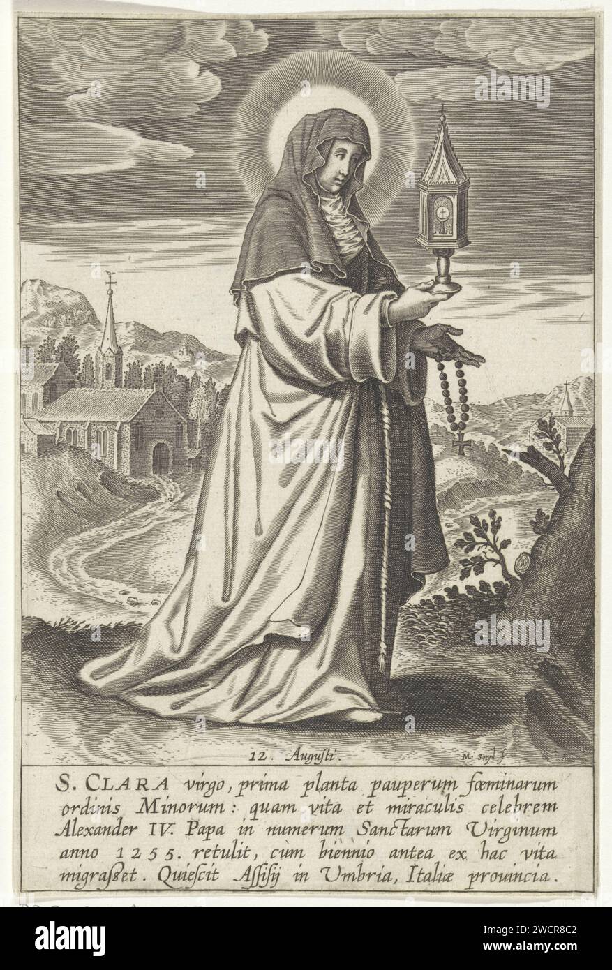 Saint Clara, Michael Snijders, 1610 - 1672 Druck Saint Clara mit Monstrans und Rosenkranz in der Hand. Hinter ihr eine Kapelle in einer Berglandschaft. Am Ende des Abdrucks wird ihr Feiertag am 12. August erwähnt. Darunter eine kurze Erklärung auf Latein über ihr Leben und Sterben. Antwerpener Papier mit Gravur der Jungfrau und Gründerin des Ordens der Minoressen, Clare von Assisi; mögliche Attribute: Buch, Kreuz, flammendes Horn, lily, Monstranz, Palmenzweig, Pastoralpersonal, Rosenkranz Stockfoto