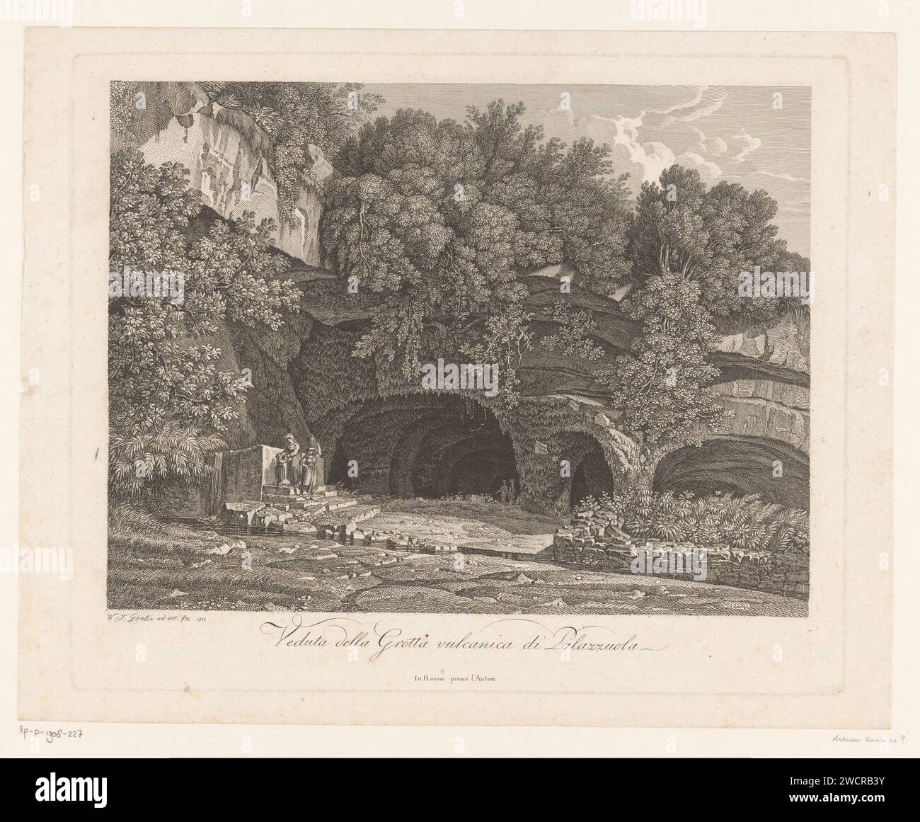 Blick auf die vulkanischen Höhlen in der Nähe von Palazzuolo, Wilhelm Friedrich Gmelin, 1811 Druck Rom Papier Gravur Höhle, Grotte. Quelle, Quelle des Flusses oder Baches Palazzuolo sul Senio Stockfoto