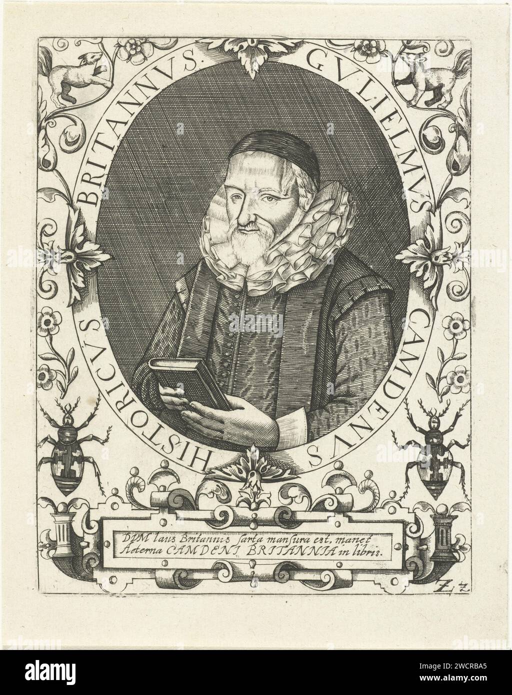 Porträt von William Camden, Theodor de Bry, nach Jean Jacques Boissard, 1669 Druck Porträt des englischen Historikers William Camden, in Oval mit Rand. Unter dem Porträt eine Kartusche mit einem Lob auf Camden in lateinischer Sprache. Frankfurt am Main Papierstich Stockfoto