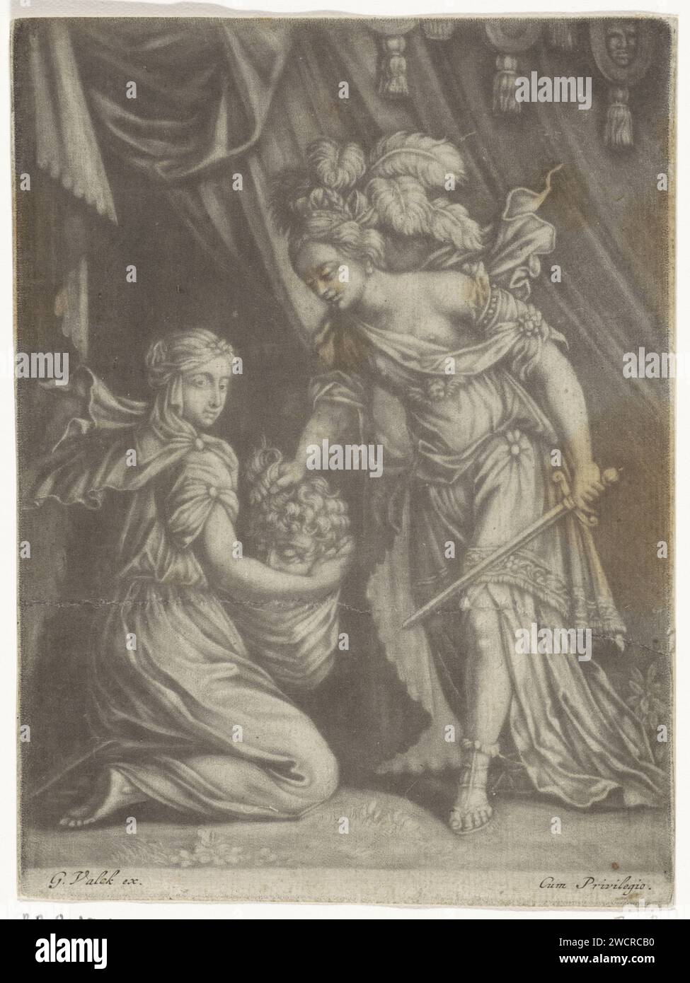 Judit mit dem Kopf des Holofernes, Anonym, 1660 - 1726 Druck Judit steckt den geschnitzten Kopf des Holofernes in eine Tasche, die einen Diener für sie bereit hält. Sie hat das Schwert in der anderen Hand. Amsterdamer Zeitung Judith mit Holofernes Kopf und Schwert Stockfoto