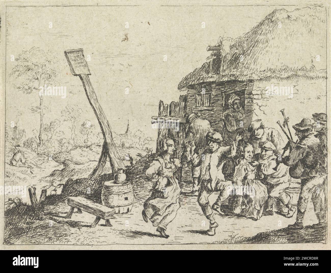 Dance for the inn, Anonym, nach David Teniers (II), 1626 - 1740 Drucken Sie einige Tänze für ein gasthaus zur Musik eines Dudelsackspielers. Die trinkenden Bauern sind vor dem gasthaus. Papierätzung Dudelsack, Musette. Ein Paar tanzt, Mann und Frau tanzt als Paar Stockfoto