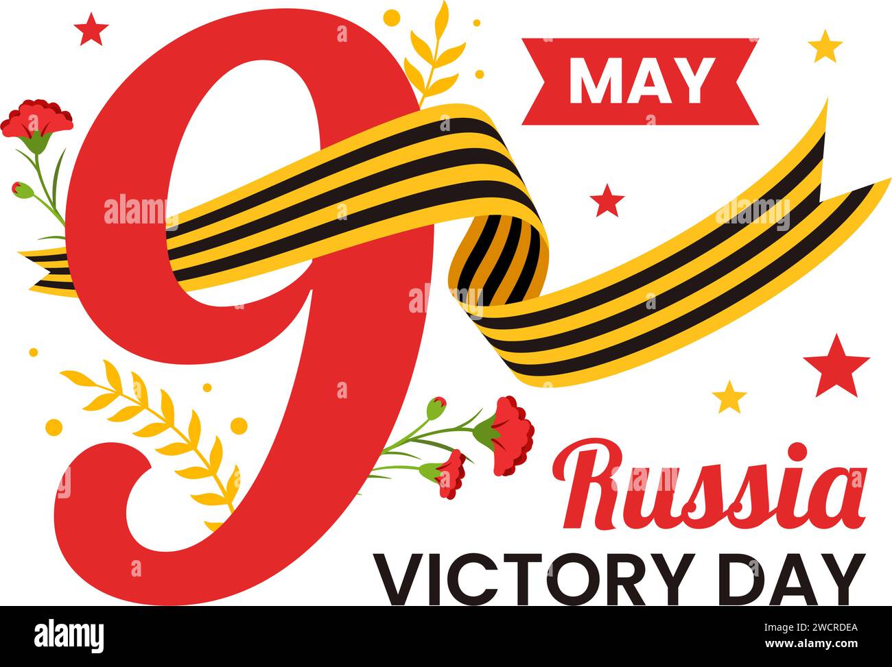 Russland Siegtag Vektor-Illustration am 9. Mai mit Medaillenstern des Helden, Großen Vaterländischen Krieg und Band Gelb Schwarz Farbe in flachem Hintergrund Stock Vektor