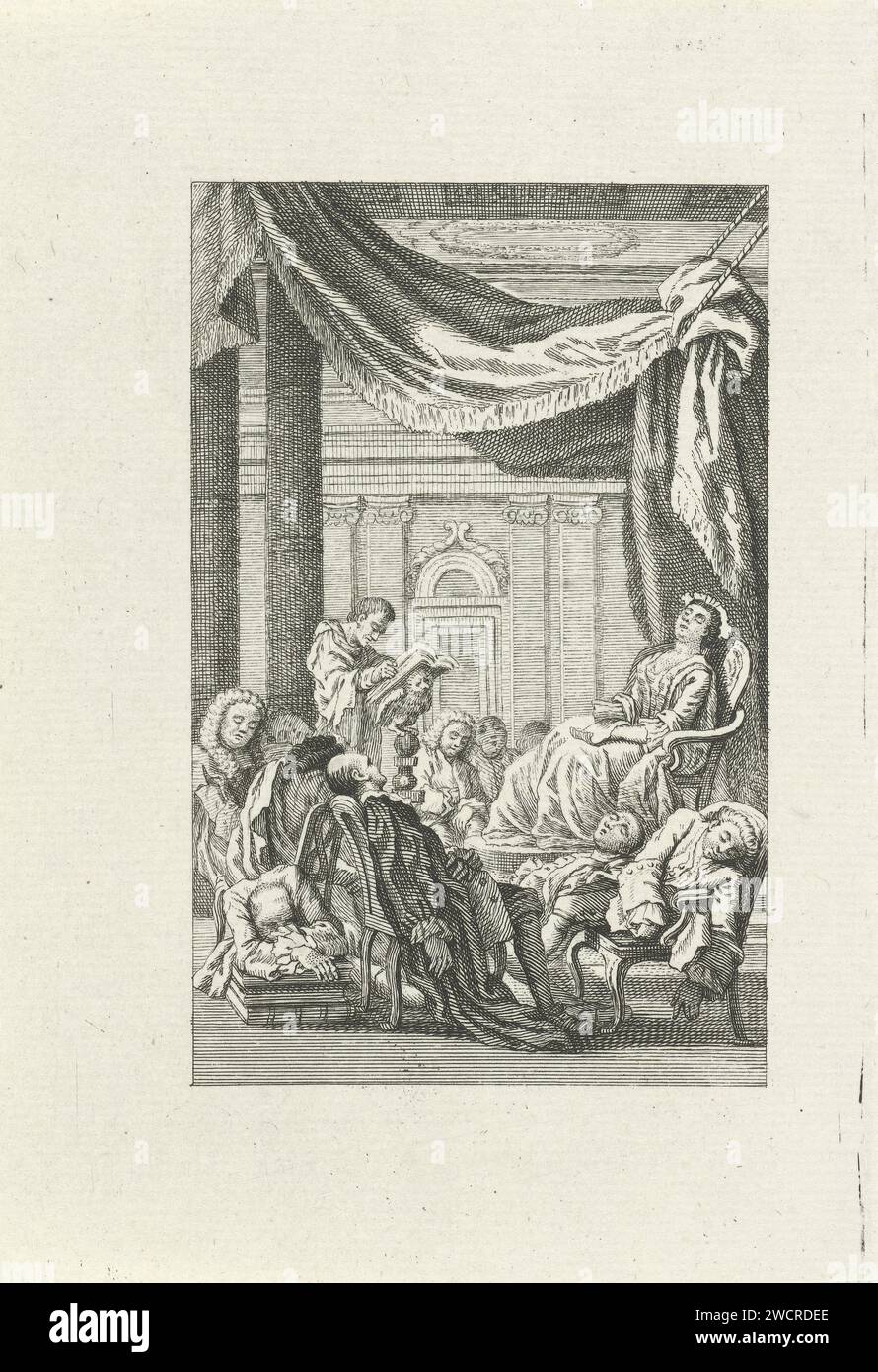 Schlafende Figuren unter einem Baldachin, Jacob Folkema, 1702 - 1767 Druck während einer Rede, alle Zuhörer schlief unter einem Baldachin ein. Sogar der Redner war beim Schlafen hinter seinem Schreibtisch durcheinander. Papierätzung schlafend; Bewusstlosigkeit. Das Publikum  Kunstdarbietung Stockfoto
