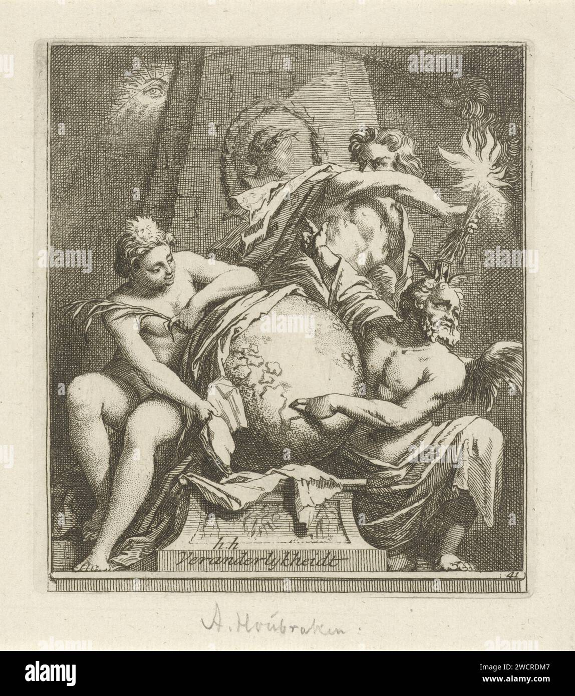 Allegory of Changeability, Arnold Houbraken, 1710 - 1719 Druck allegorische Darstellung mit einer Kugel, auf einem durchdringenden Stall mit einem Bass-Relief, die von der Vaterzeit flankiert wird (rechts), mit einer Sanduhr und Flügeln auf dem Rücken auf dem Rücken und der personifizierten Wahrheit (links), mit einer Sonne auf dem Kopf. Vater Zeitpunkte mit einer Hand auf dem Globus mit seinen anderen auf einem allsehenden Auge oben links im Hintergrund. Hinter dem Globus eine dritte Figur, die Personifikation der Lüge, die sich mit einem brennenden Strohhaufen in der Hand ablenkt. Drucken Sie aus einer Reihe von 41 Symptomen. Amsterdam Paper et Stockfoto